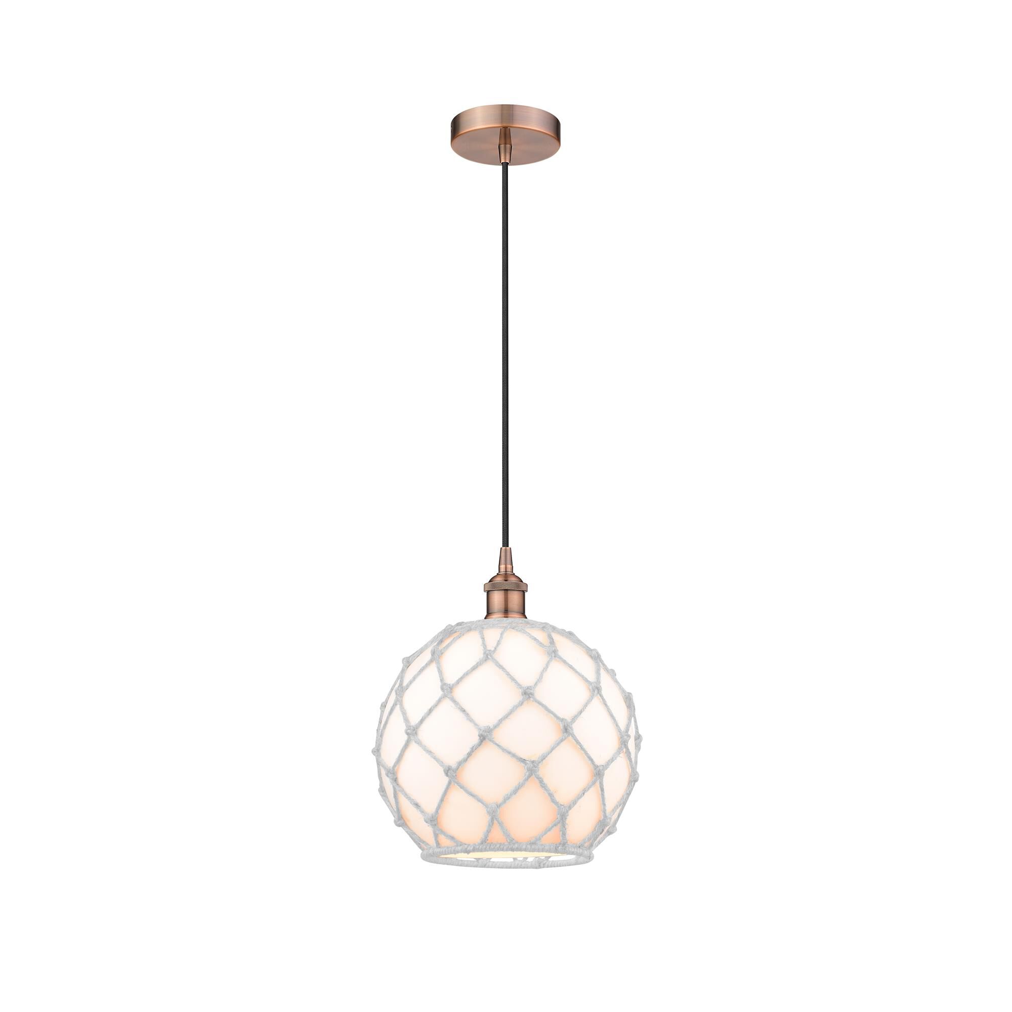 Shown in Antique Copper finish and White Large Farmhouse With White Rope glass and No Shade shade