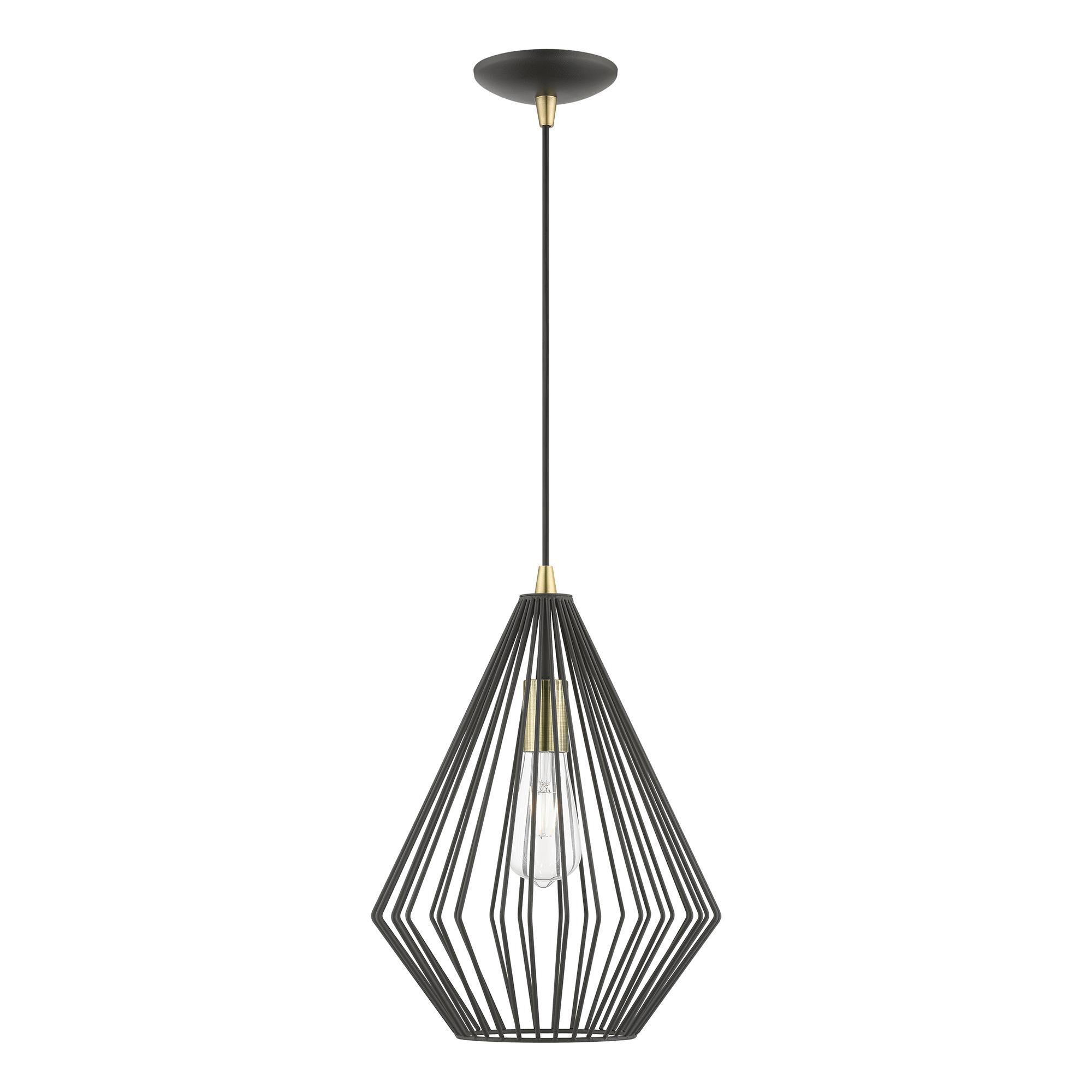 Shown in Textured Black with Antique Brass Accents finish and Textured Black Metal shade