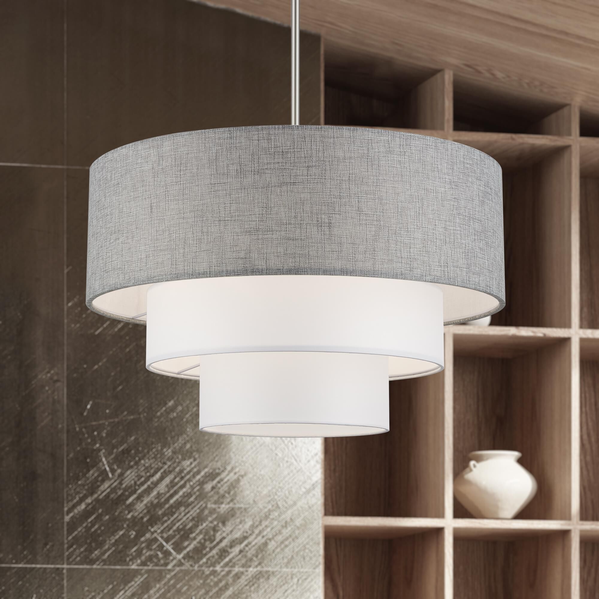 Shown in Brushed Nickel finish and Hand Crafted Urban Gray and Hand Crafted White Fabric Hardbacks with White Fabric Inside shade