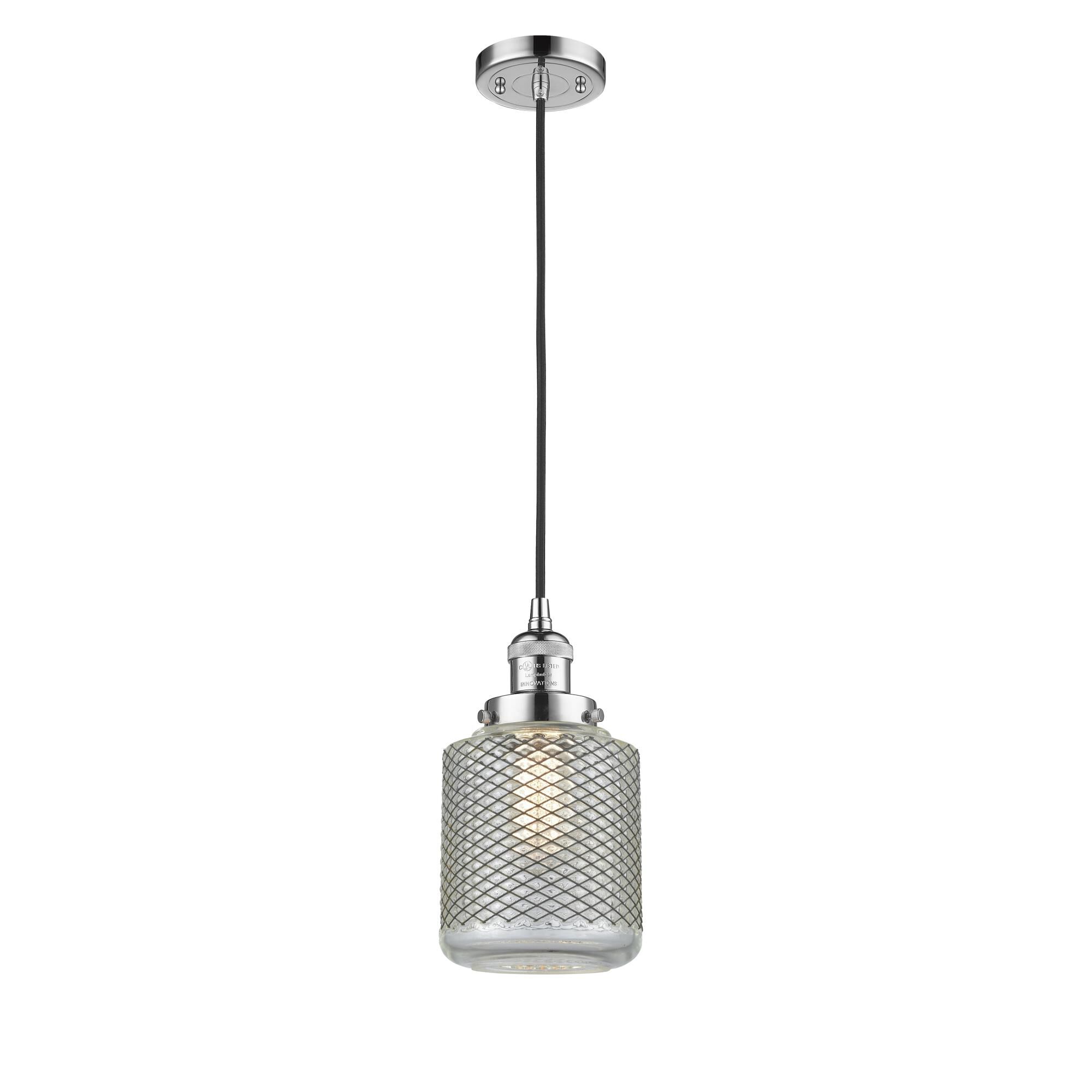 Shown in Polished Chrome finish and Vintage Wire Mesh Stanton shade and Cord accent