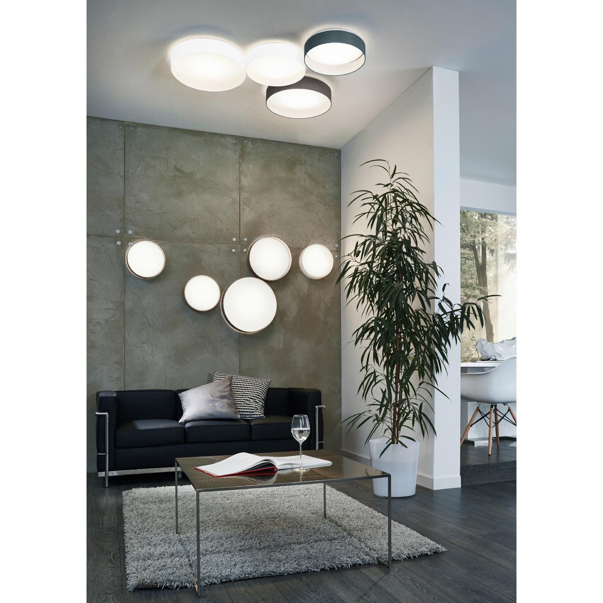 Shown in White finish and White glass and Drum shade