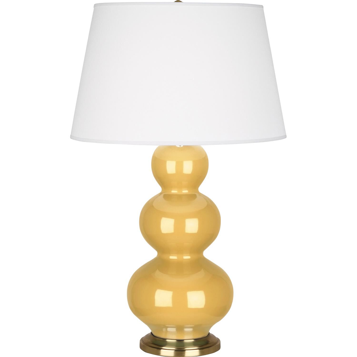 Shown in Sunset Yellow Glazed Ceramic With Antique Brass ed Accents finish and Pearl Dupioni Fabric shade