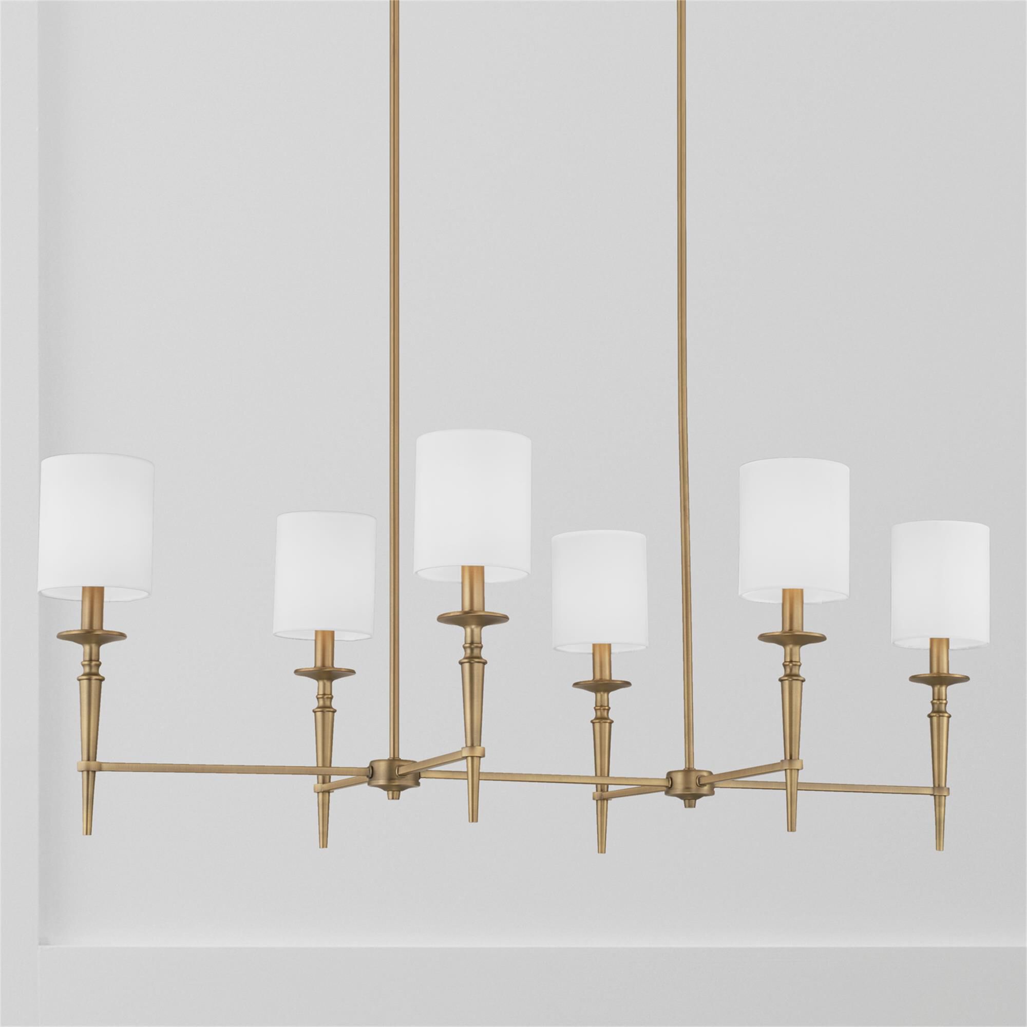 Shown in Aged Brass finish and 701 glass and White Fabric Stay-Straight s shade