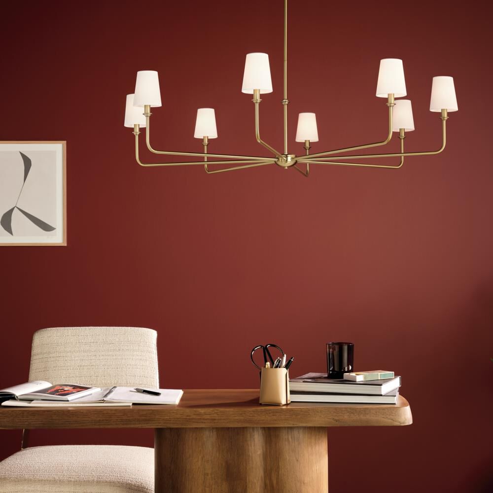 Shown in Brushed Natural Brass finish and Fabric,Tapered shade