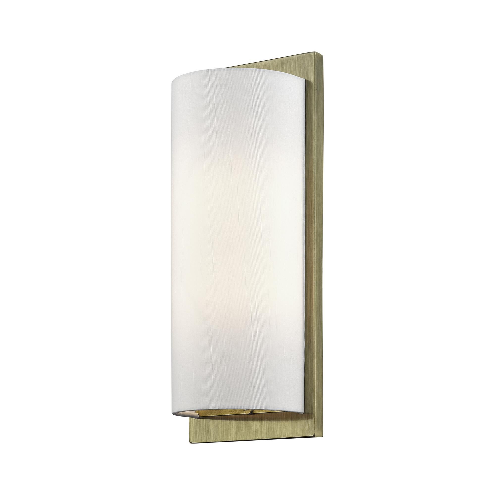 Shown in Antique Brass finish and Hand Crafted Off-White Fabric Hardback shade