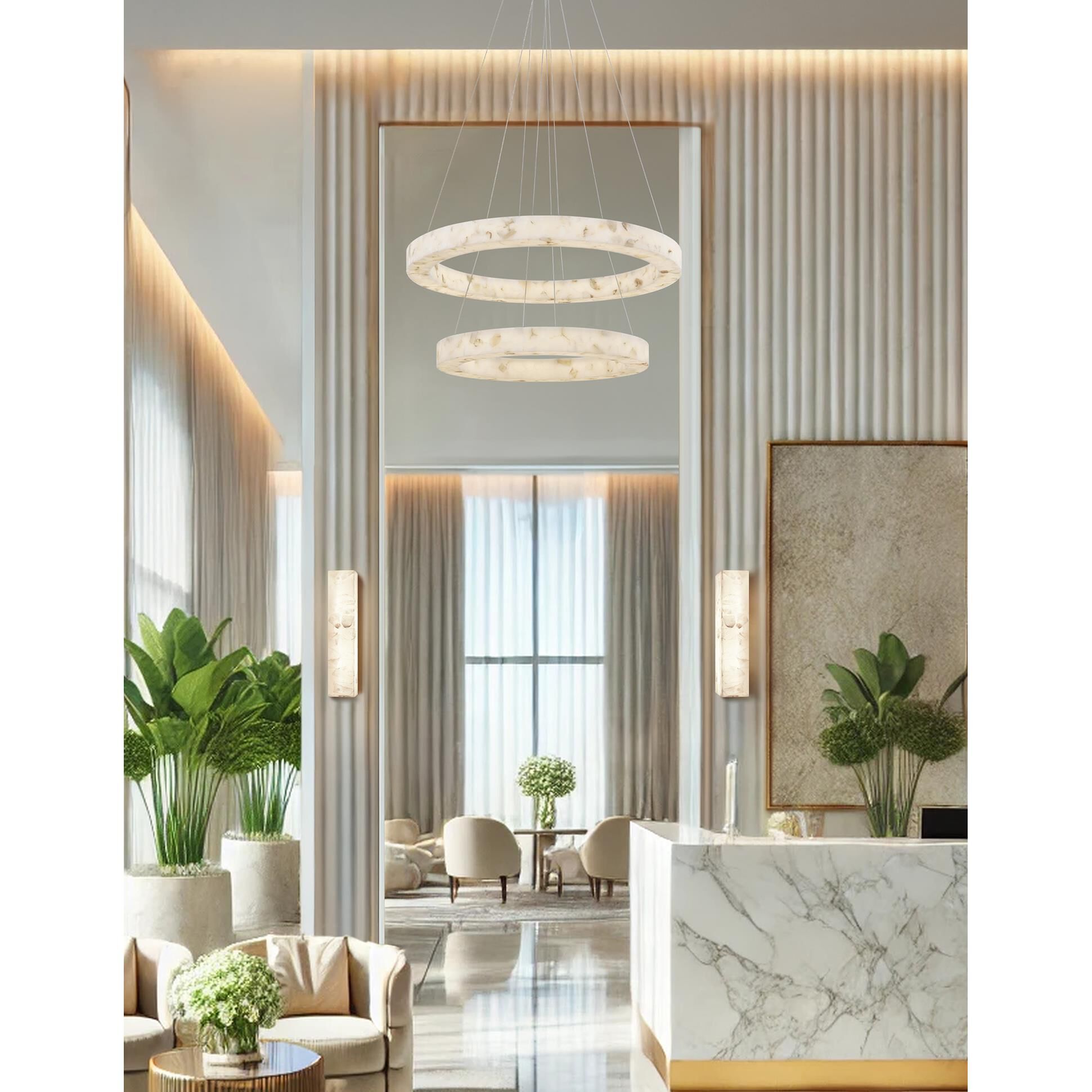 Shown in Brushed Brass finish and Alabaster Rocks shade