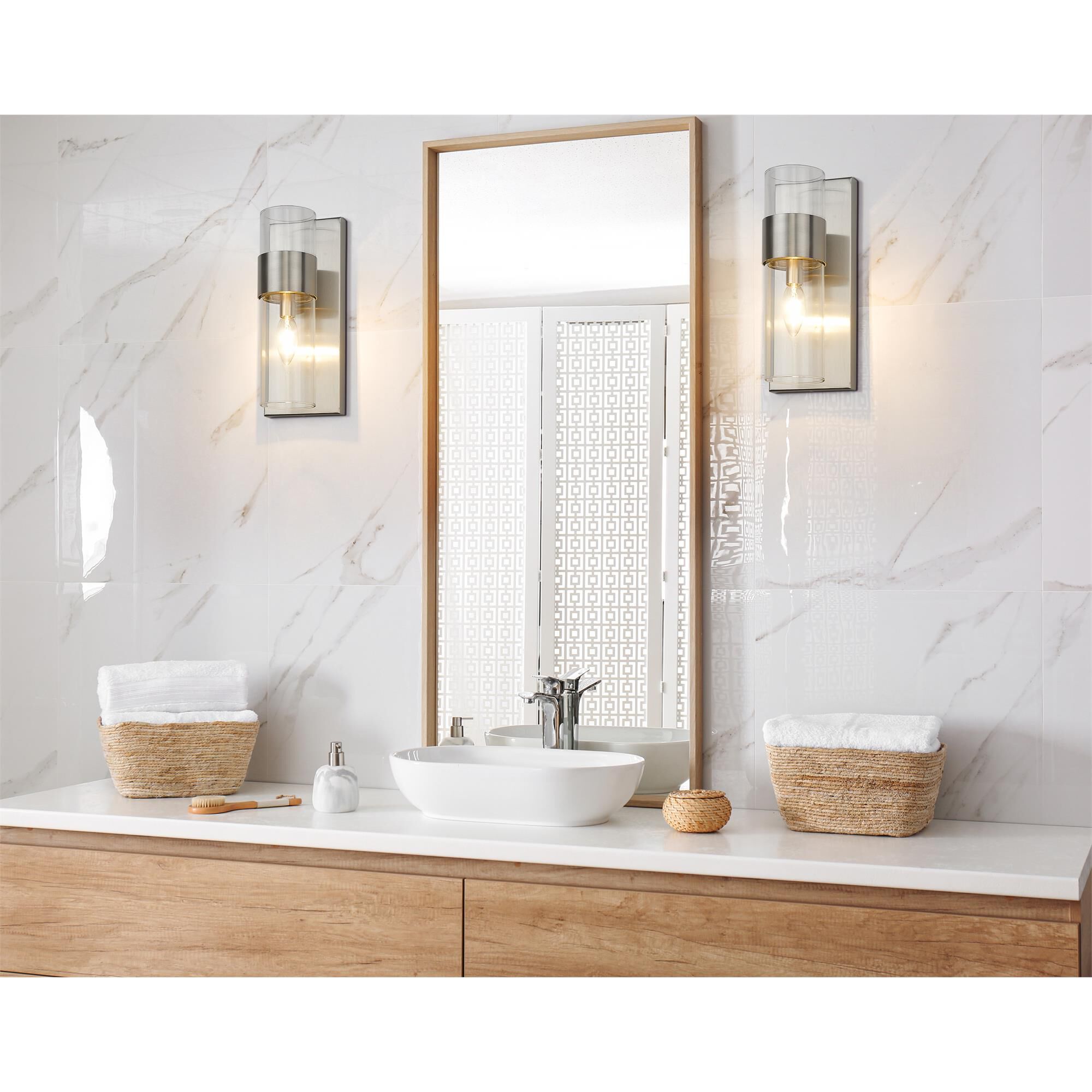 Shown in Brushed Nickel finish and Clear glass and Clear shade