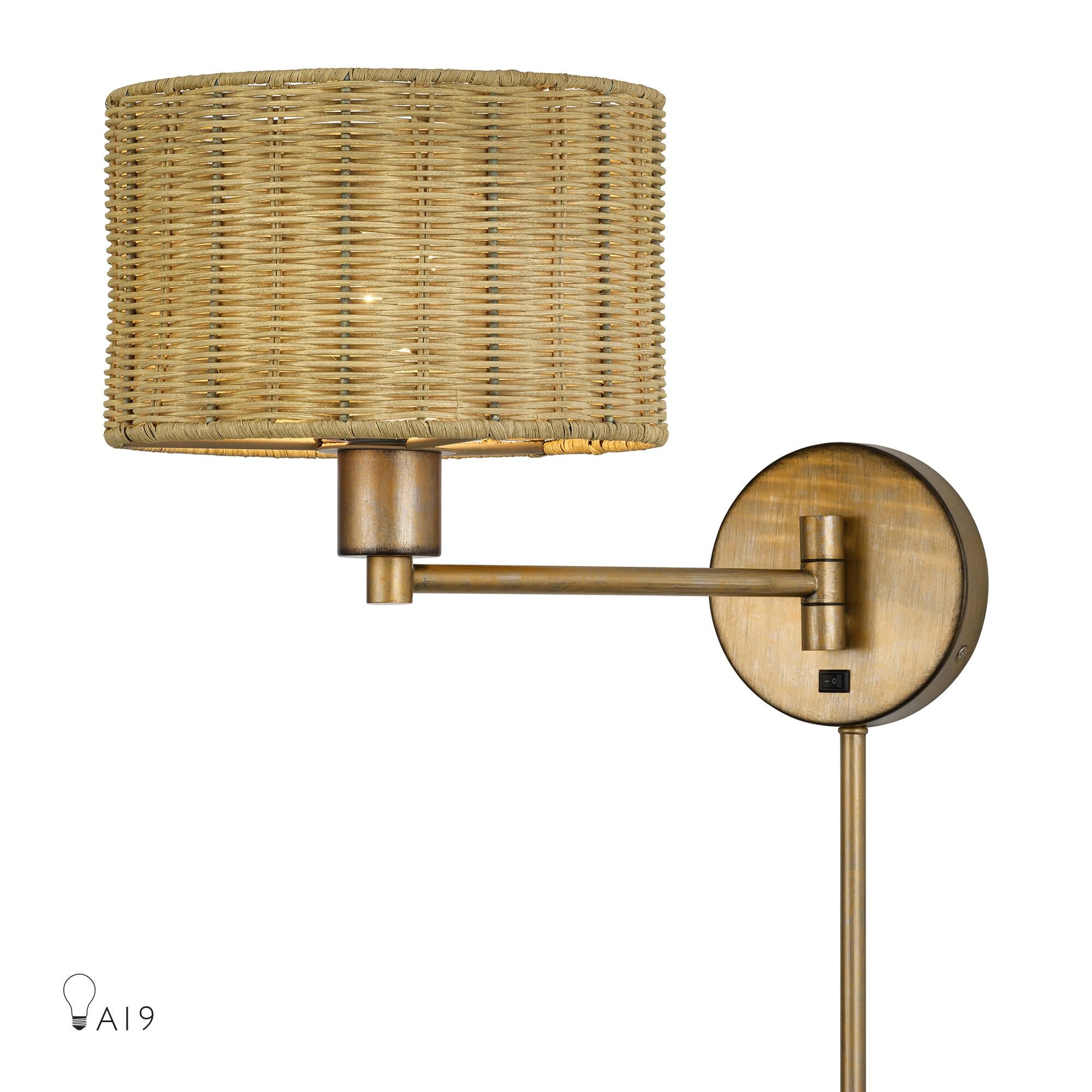 Shown in Antique Gold Leaf finish and Hand-Woven Rustic Walnut Color Rattan shade