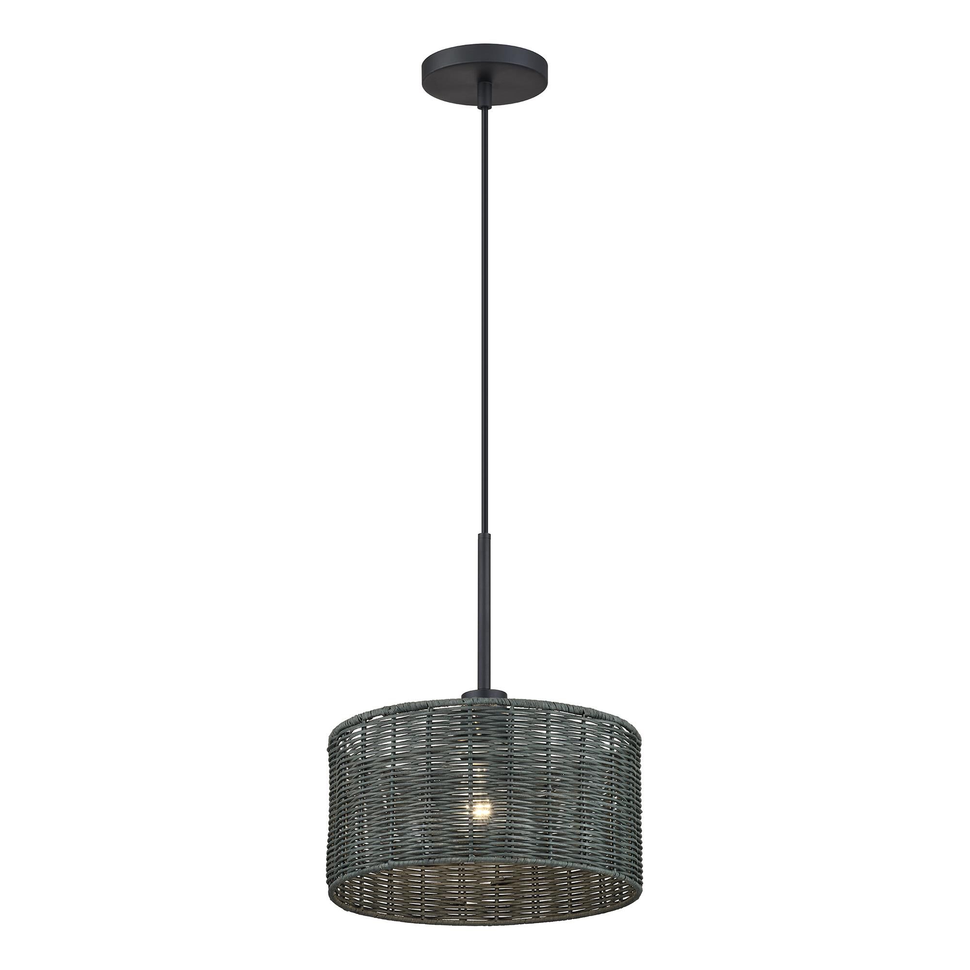 Shown in Black finish and Hand-Woven Charred Gray Color Rattan shade
