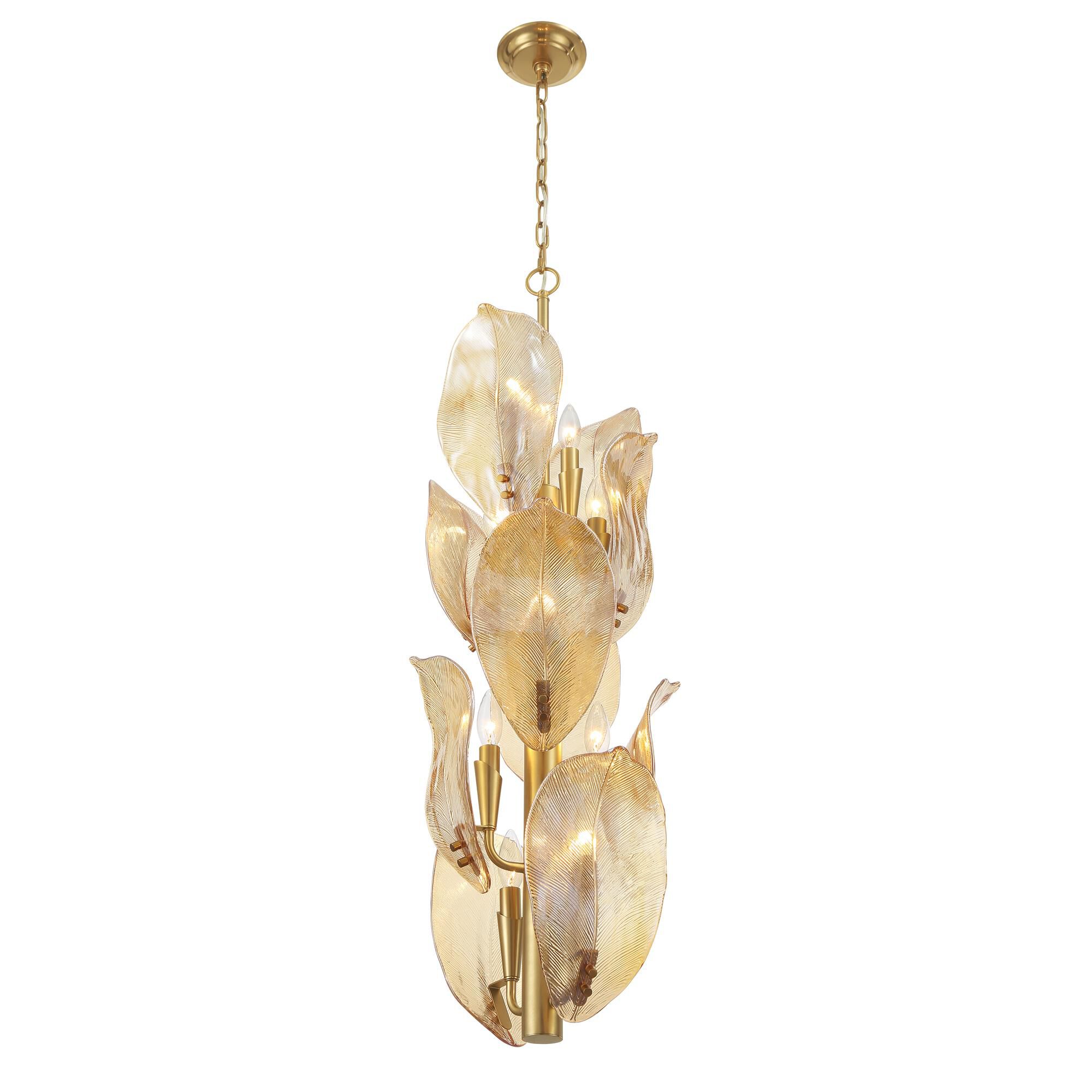 Shown in Legacy Brass finish and Amber Handmade glass