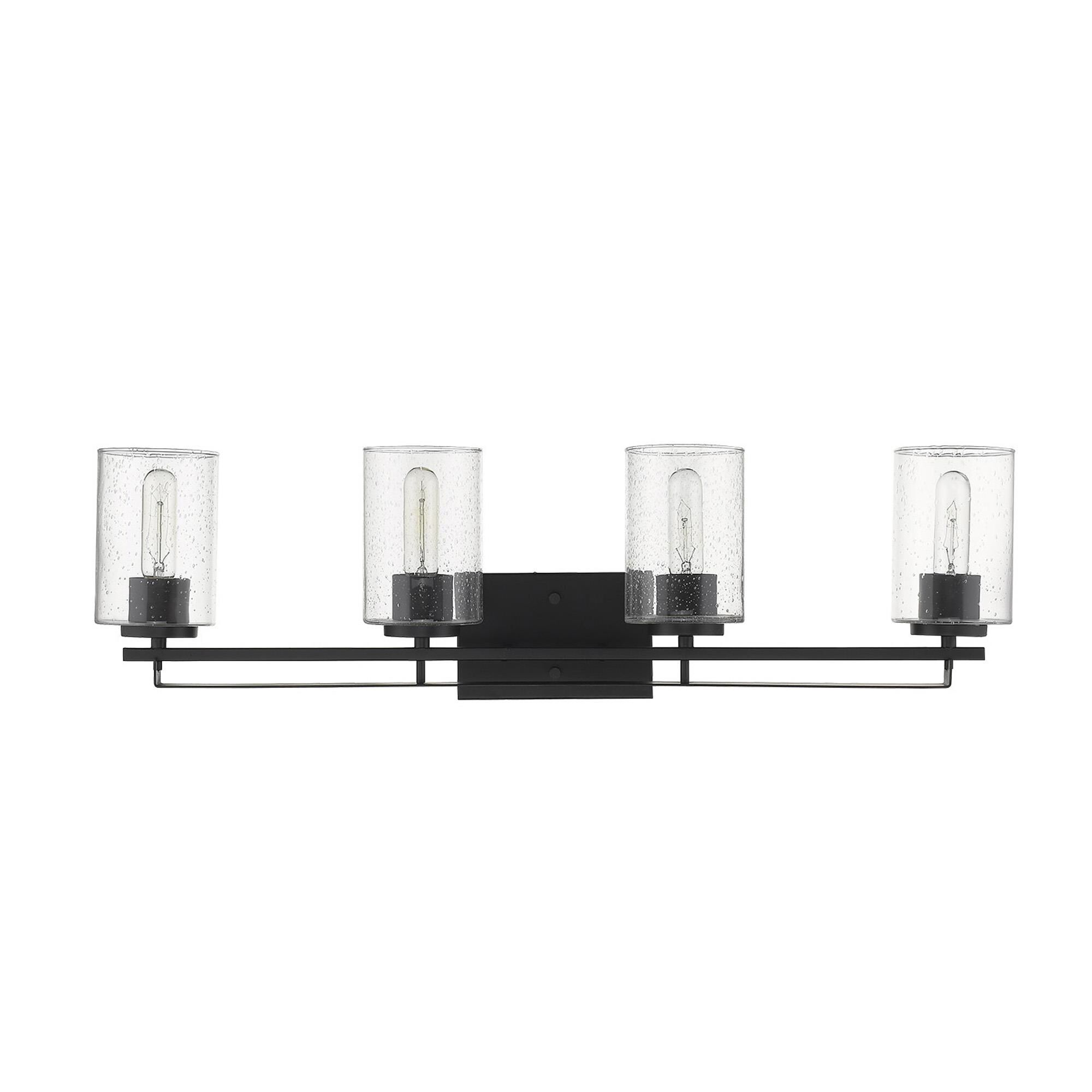 Shown in Matte Black finish and Clear glass and Clear, Seeded Cylindrical Glass s shade