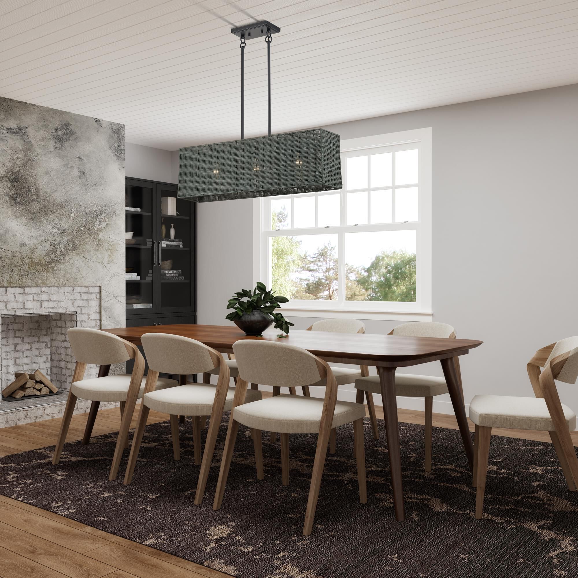 Shown in Black finish and Hand-Woven Charred Gray Color Rattan shade