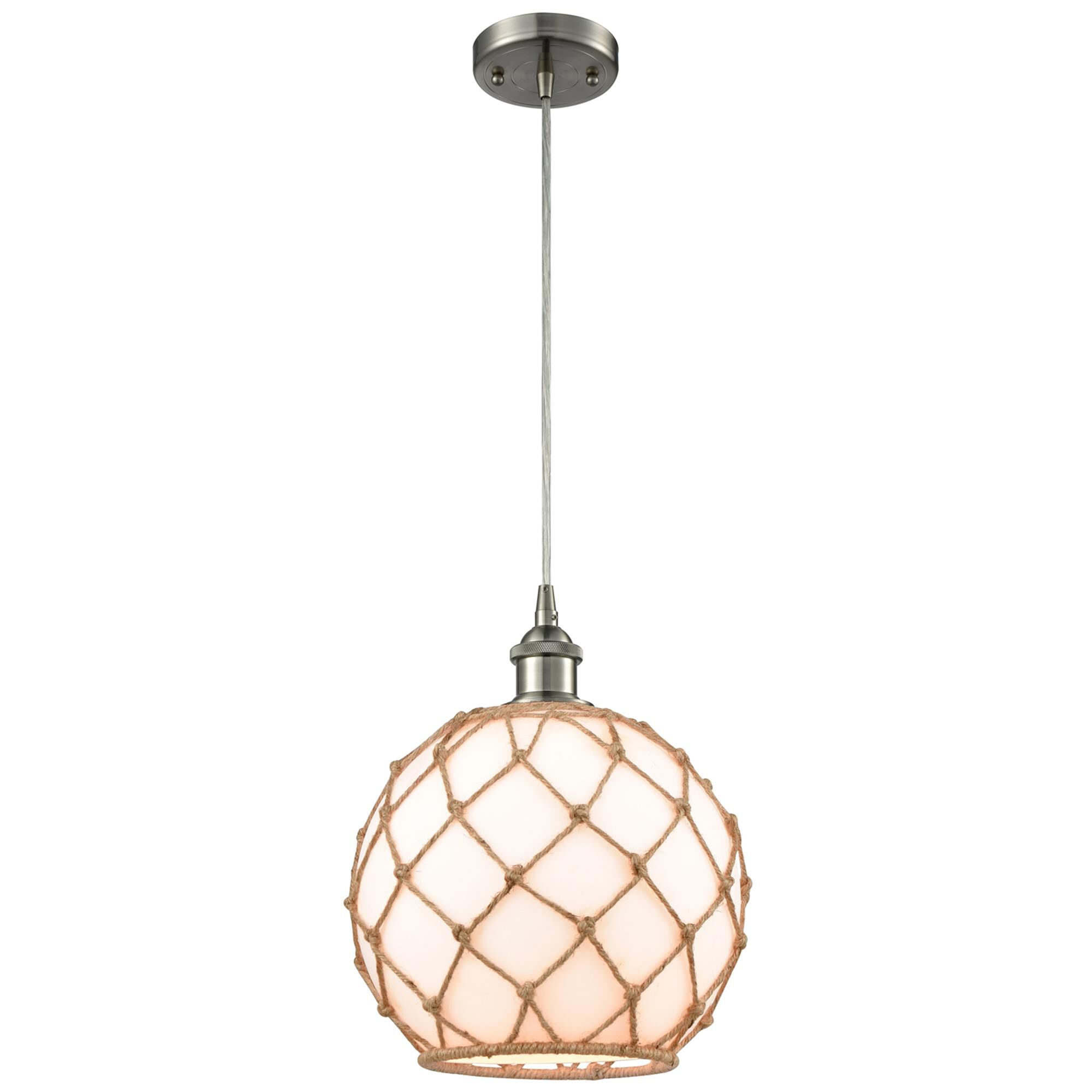 Shown in Brushed Satin Nickel finish and White With Black Rope glass