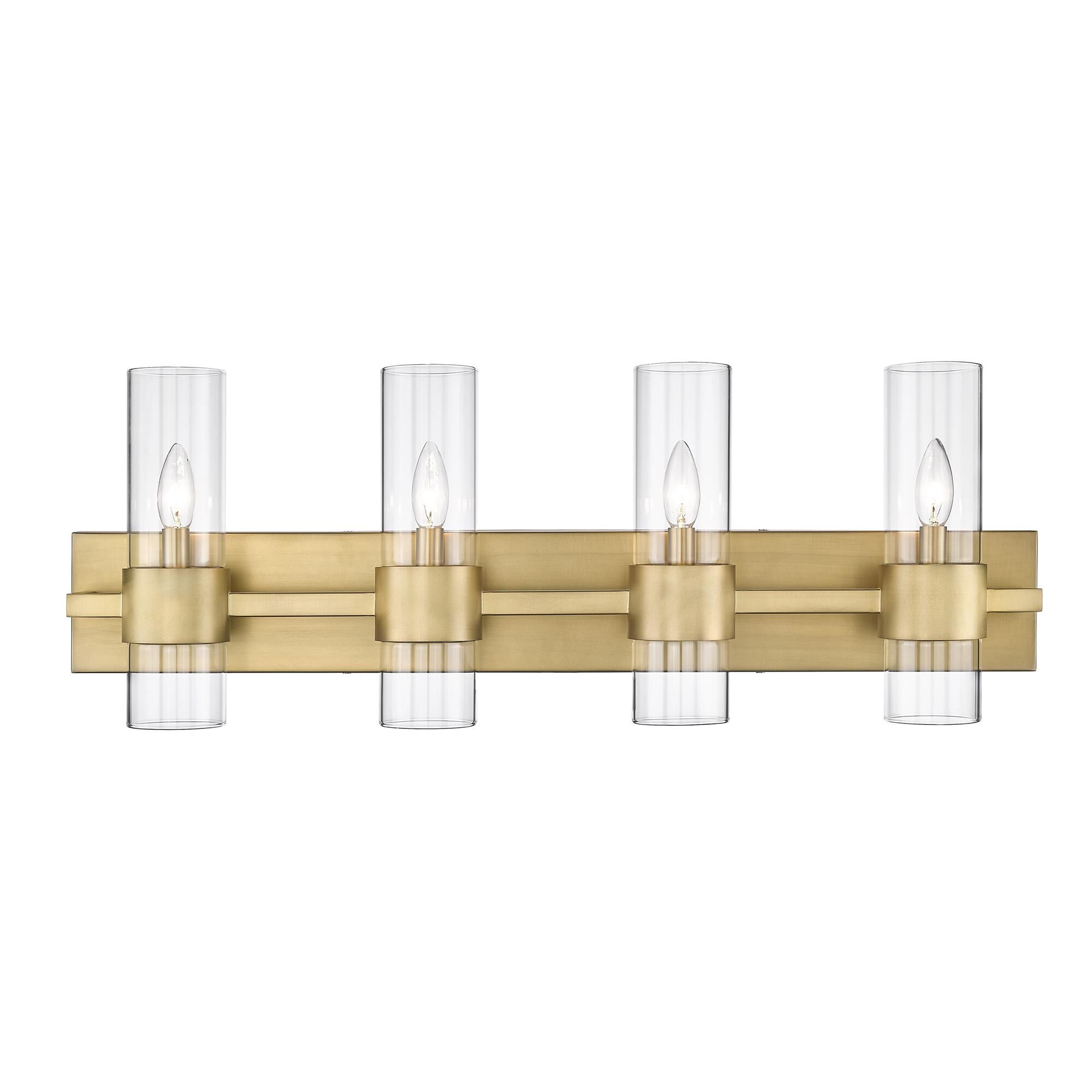 Shown in Rubbed Brass finish and Clear glass