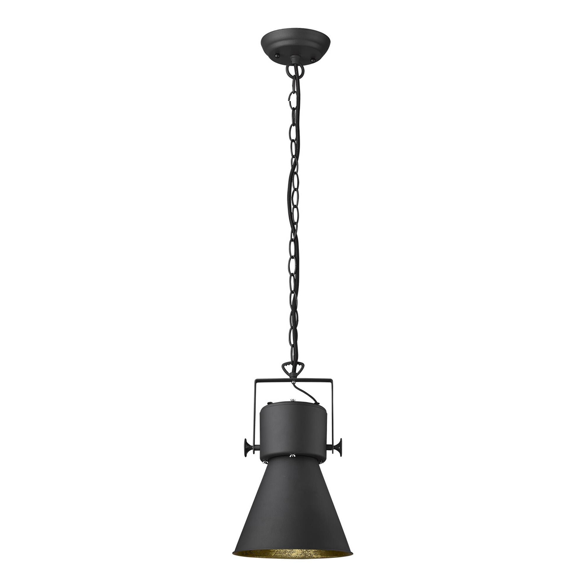 Shown in Matte Black finish and Black glass and Black Metal Cone Shaped  W/ Gold Interior shade