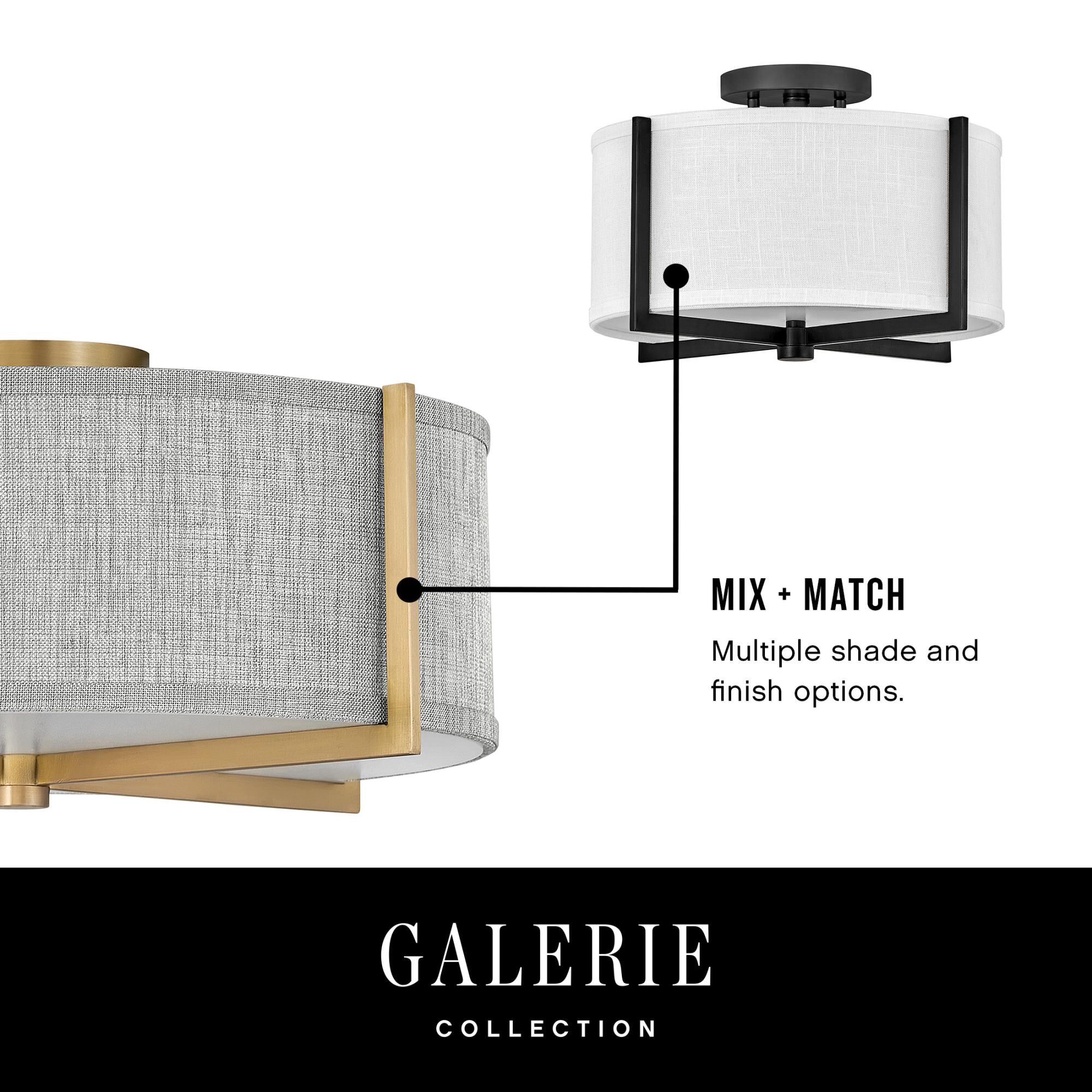 Shown in Heritage Brass finish and Off White Linen shade