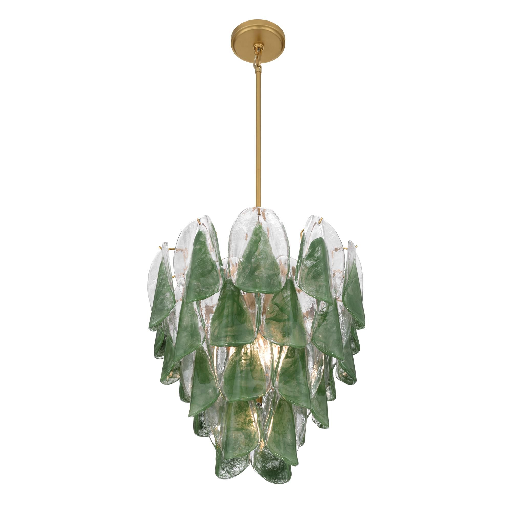 Shown in Legacy Brass finish and Green and Clear Hand-Formed glass