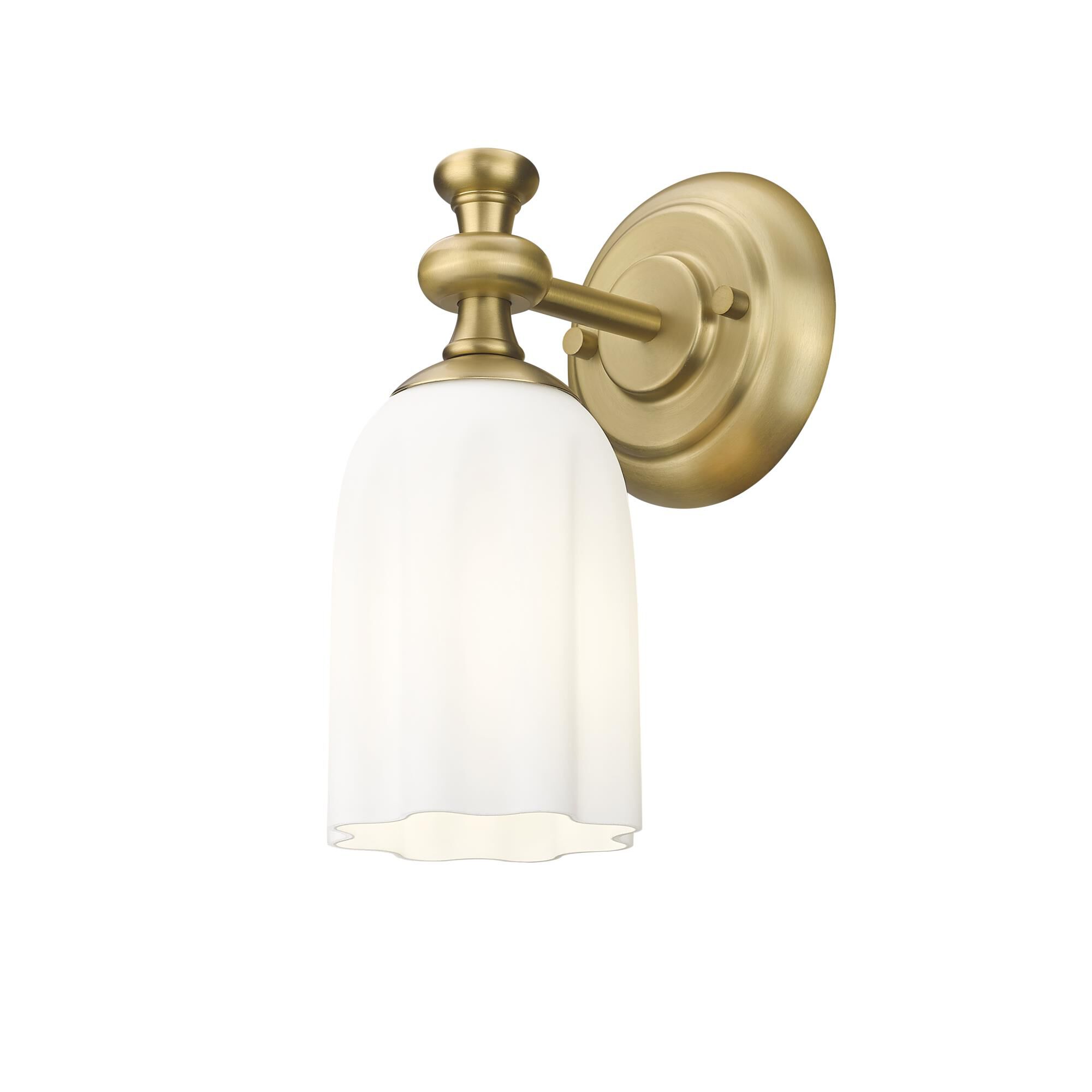 Shown in Modern Gold finish and Opal Etched glass and Opal Etched shade