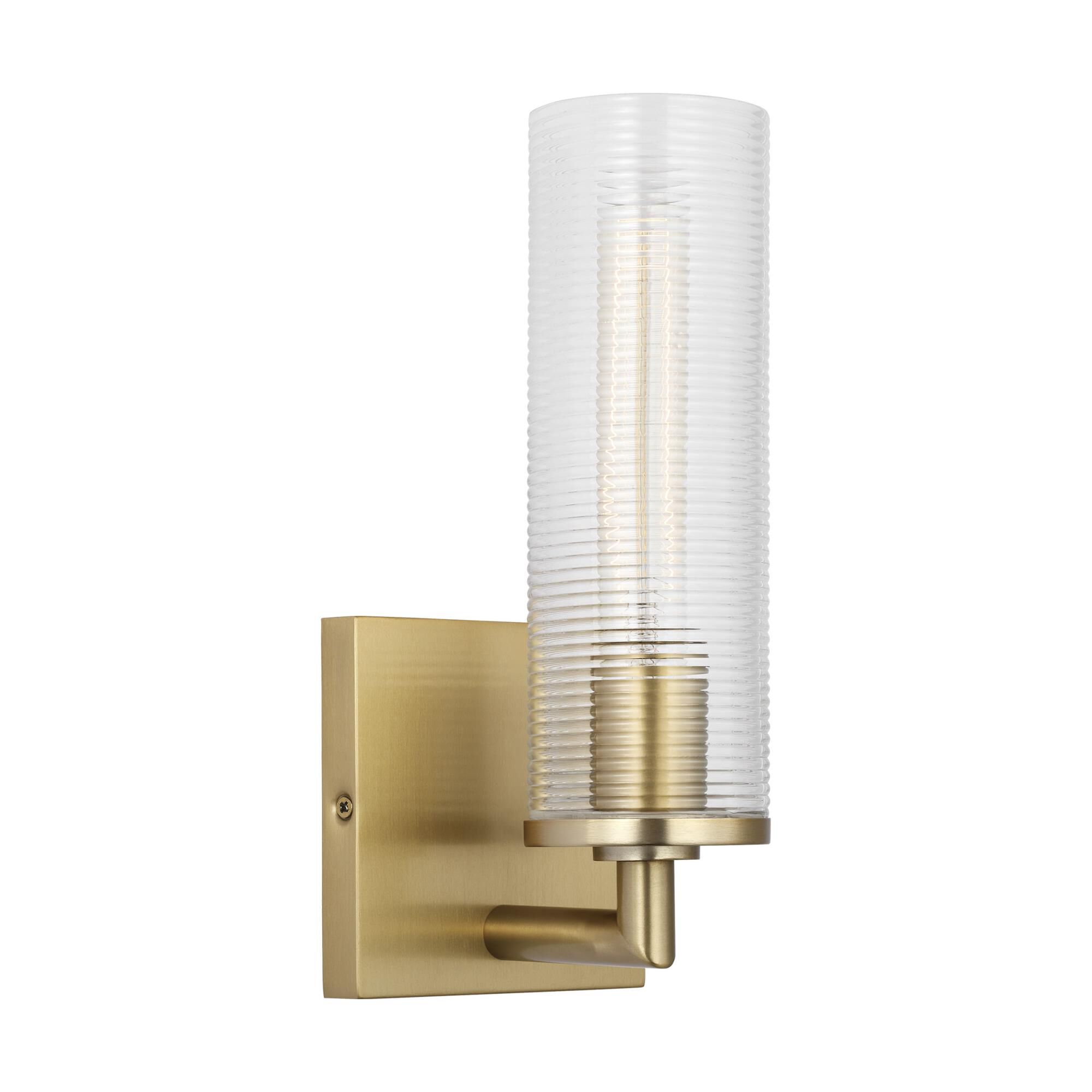 Shown in Satin Brass finish and Clear Ribbed glass