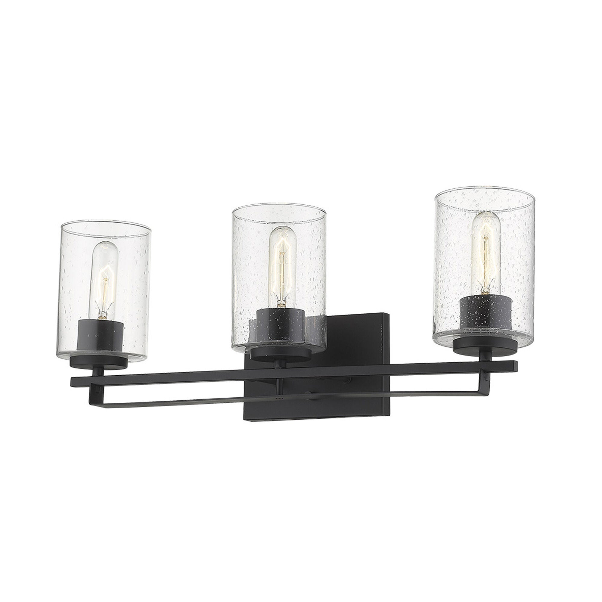 Shown in Matte Black finish and Clear glass and Clear, Seeded Cylindrical Glass s shade