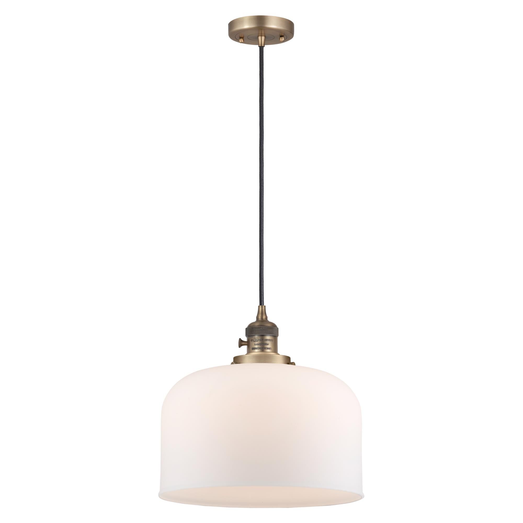 Shown in Brushed Brass finish and Matte White Cased glass