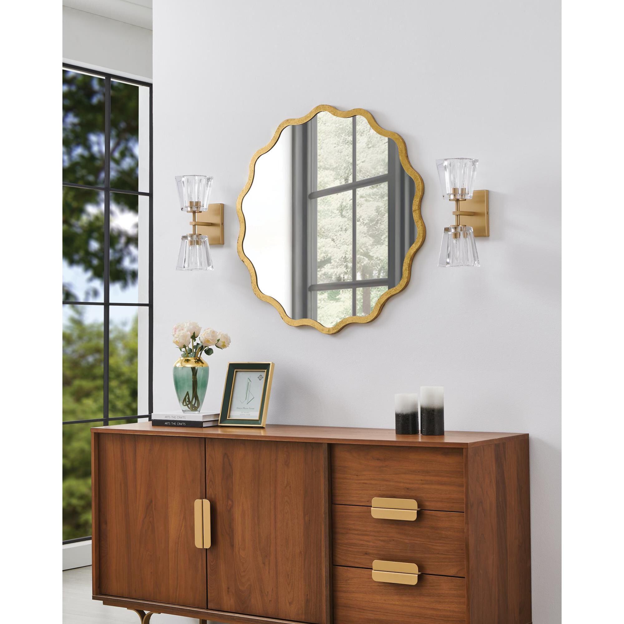 Shown in Champagne Gold finish and Clear Pressed glass