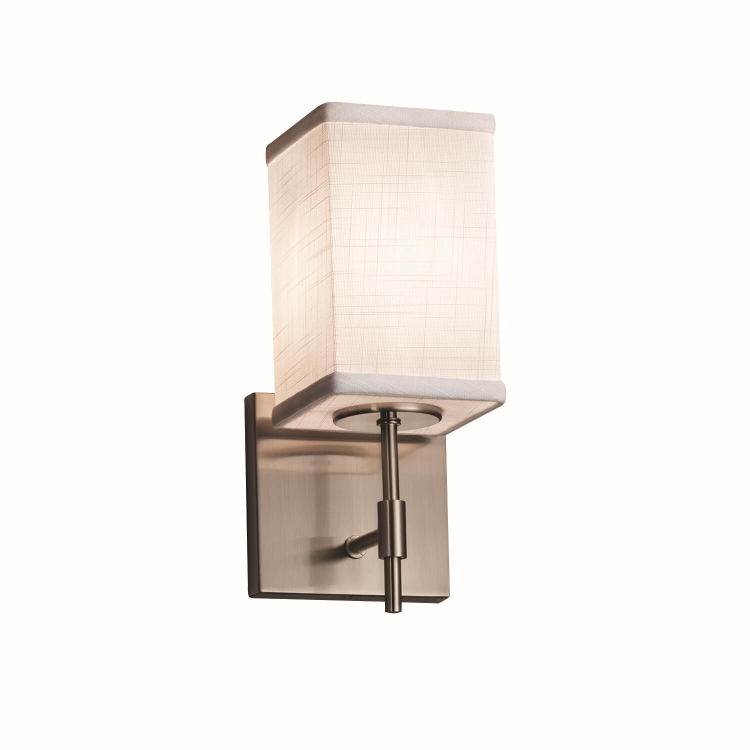 Shown in Brushed Nickel finish and White Woven Fabric shade and Square with Flat Rim accent