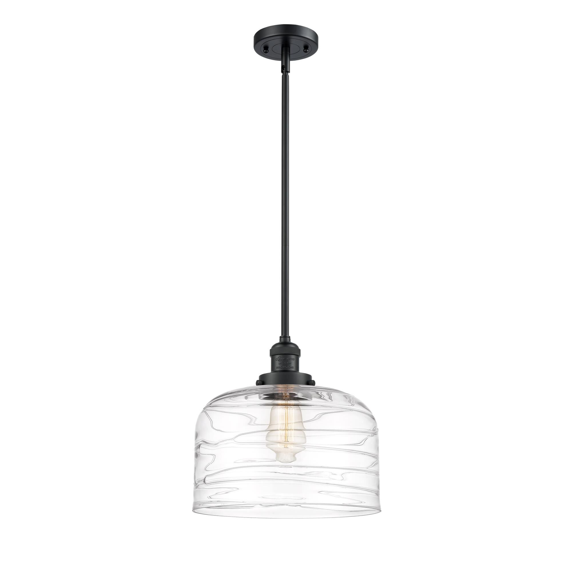 Shown in Matte Black finish and Clear Deco Swirl X-Large Bell glass