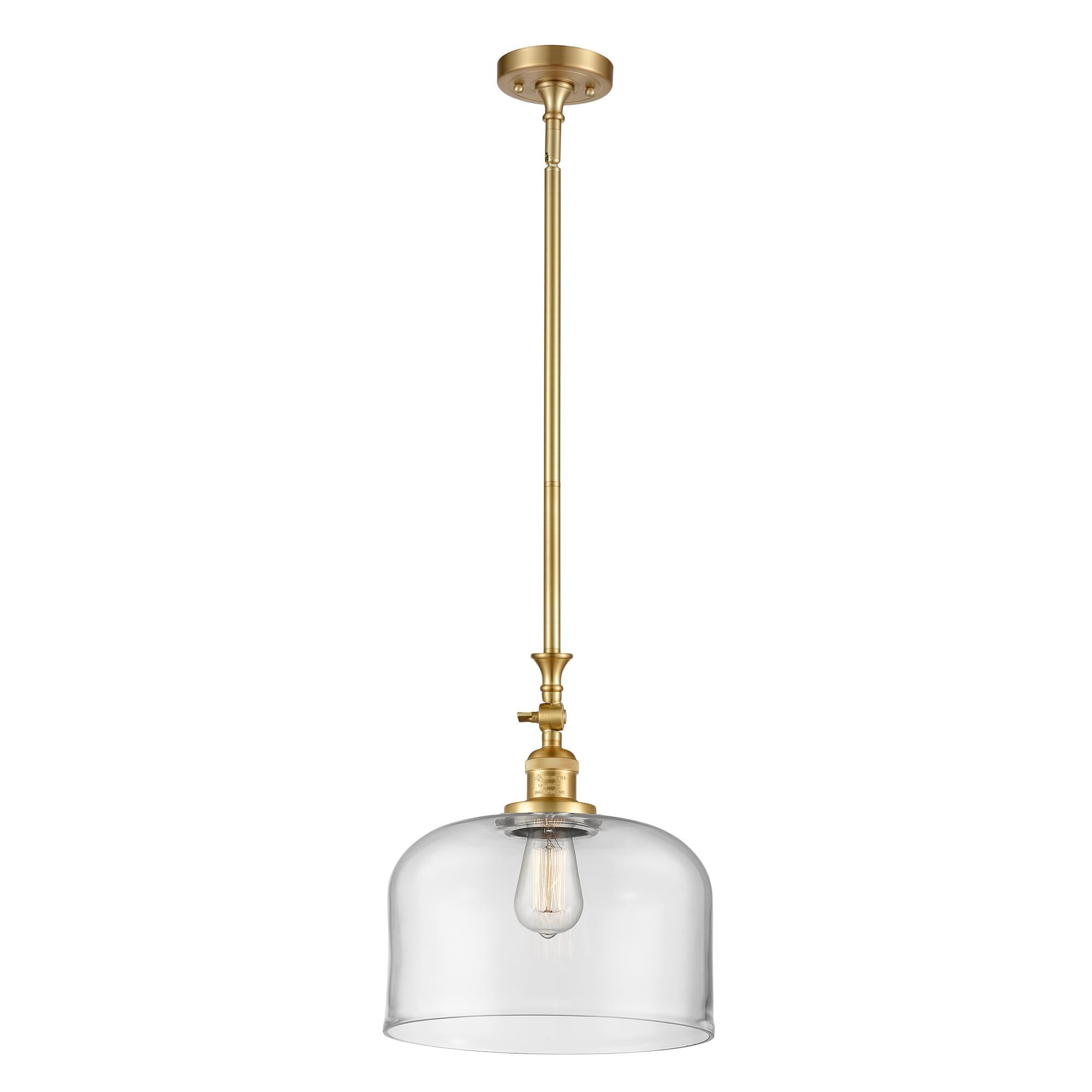 Shown in Satin Gold finish and Clear X-Large Bell glass