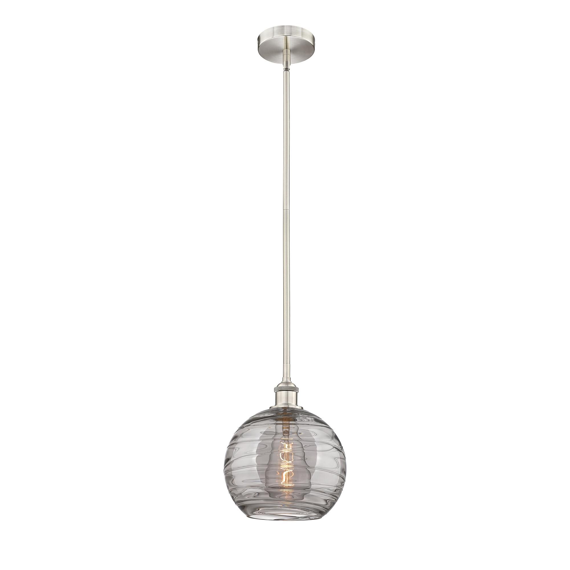 Shown in Brushed Satin Nickel finish and Light Smoke Deco Swirl glass