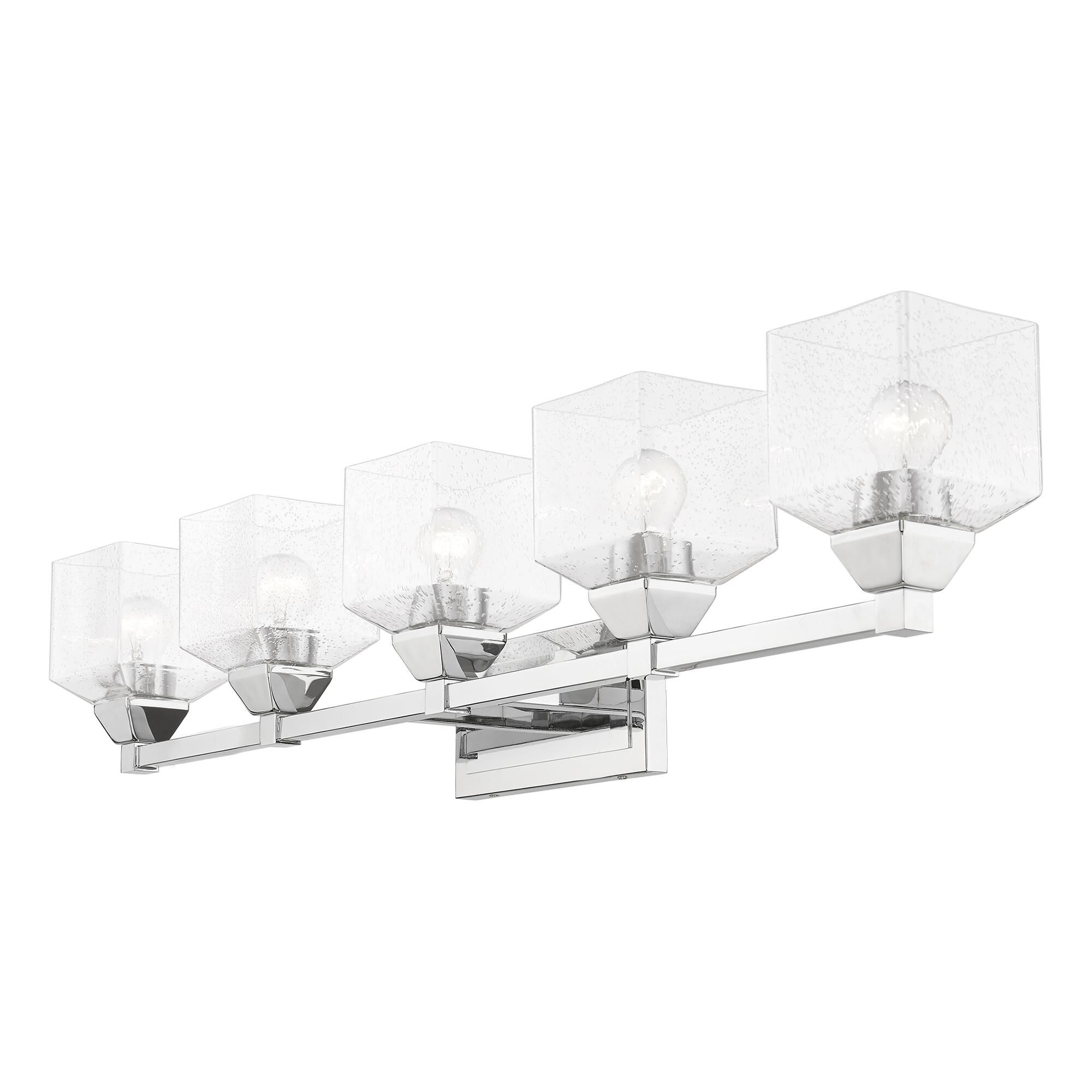 Shown in Polished Chrome finish and Hand Blown Clear Seeded glass