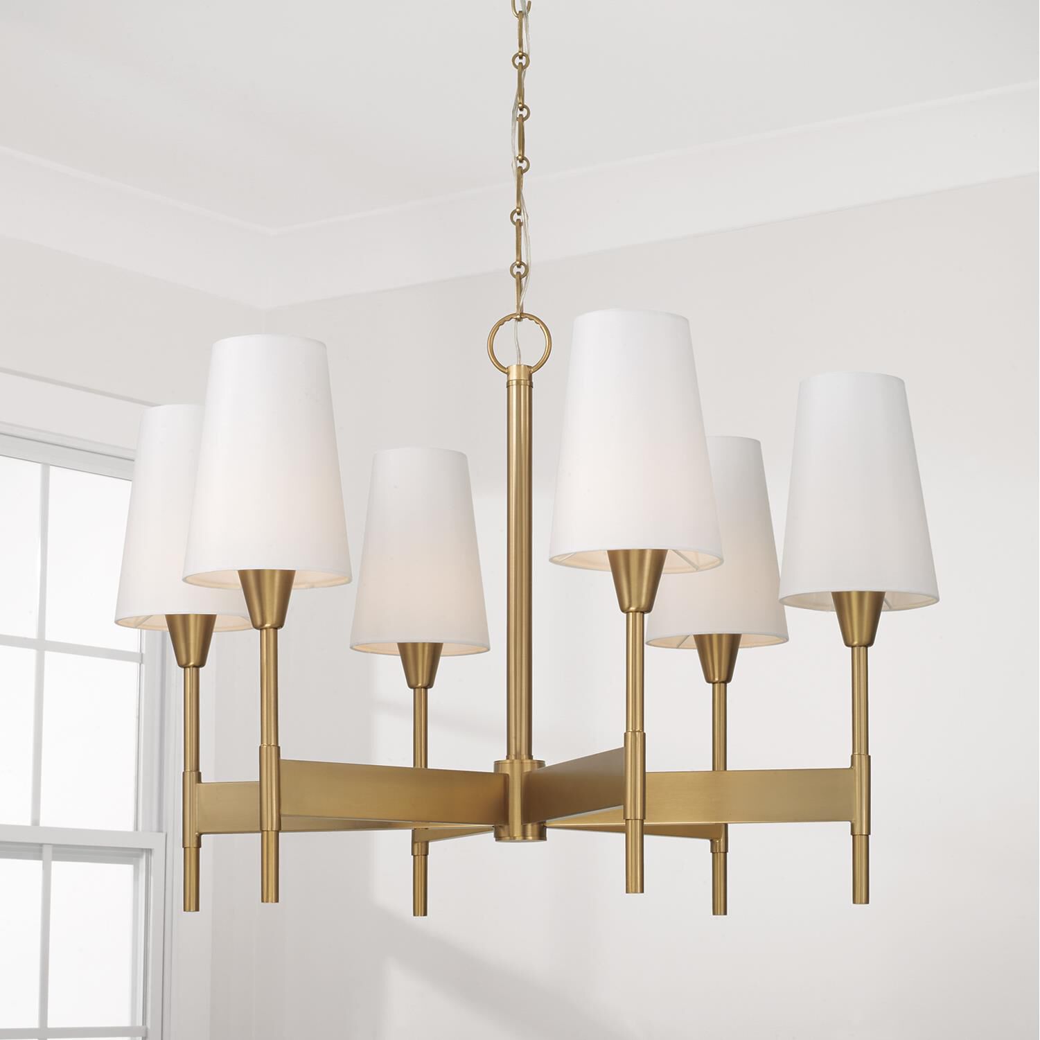 Shown in Aged Brass finish and White Fabric Stay-Straight s shade