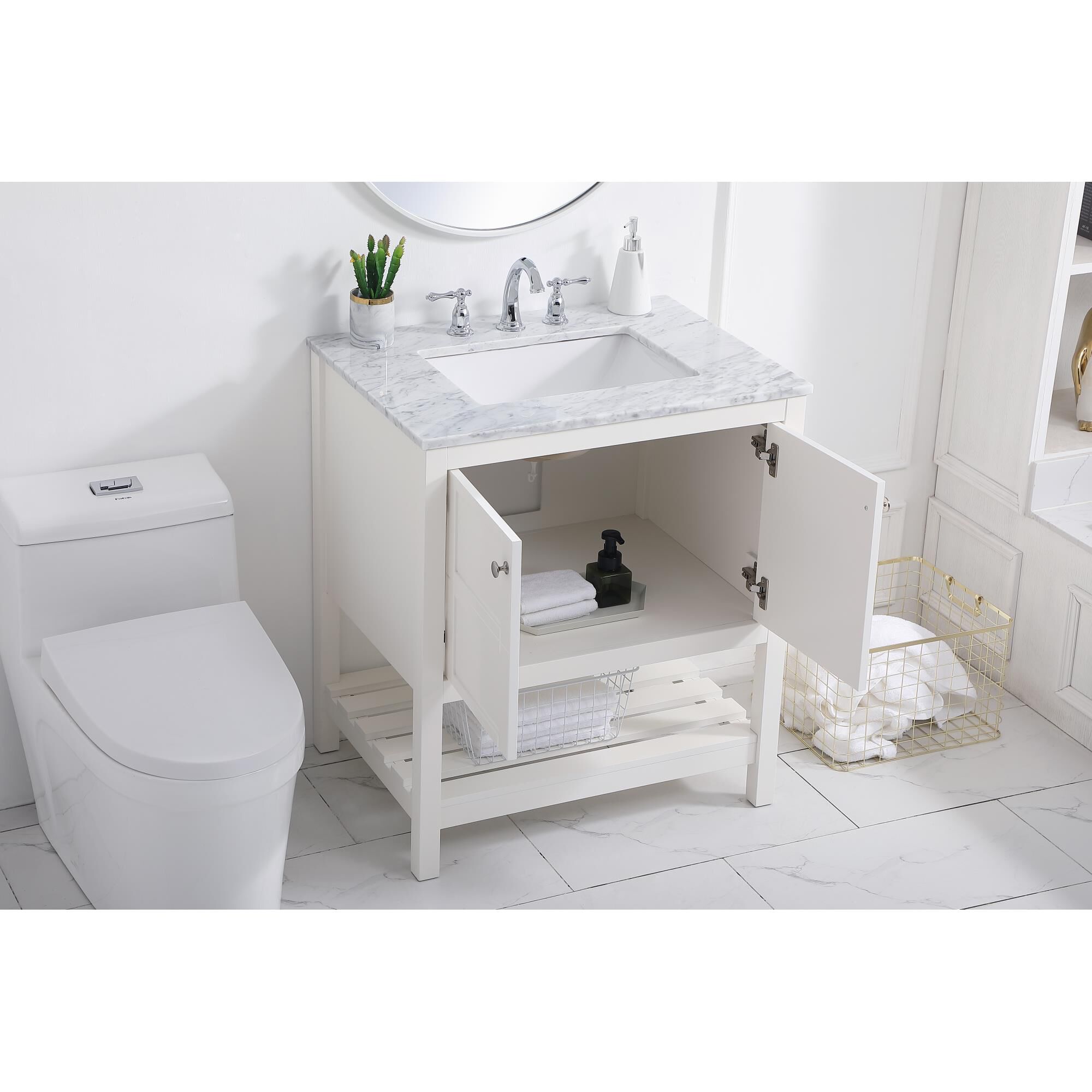 Shown in White And Brushed Nickel With Carrara White Marble finish