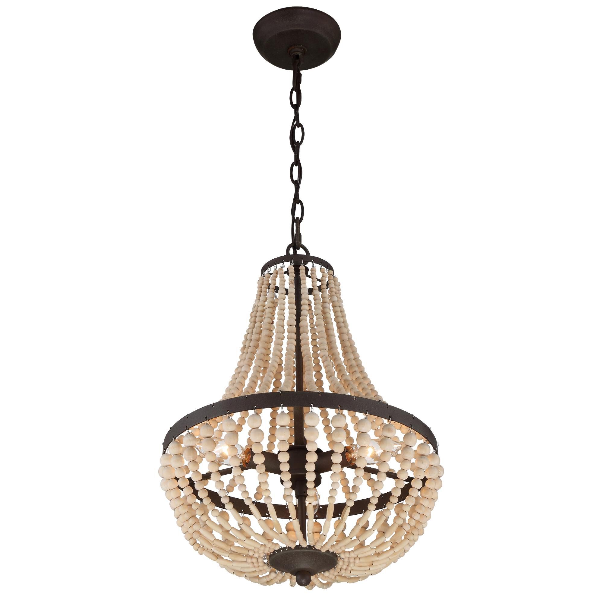 Shown in Forged Bronze finish and Natural Wood Beads crystal