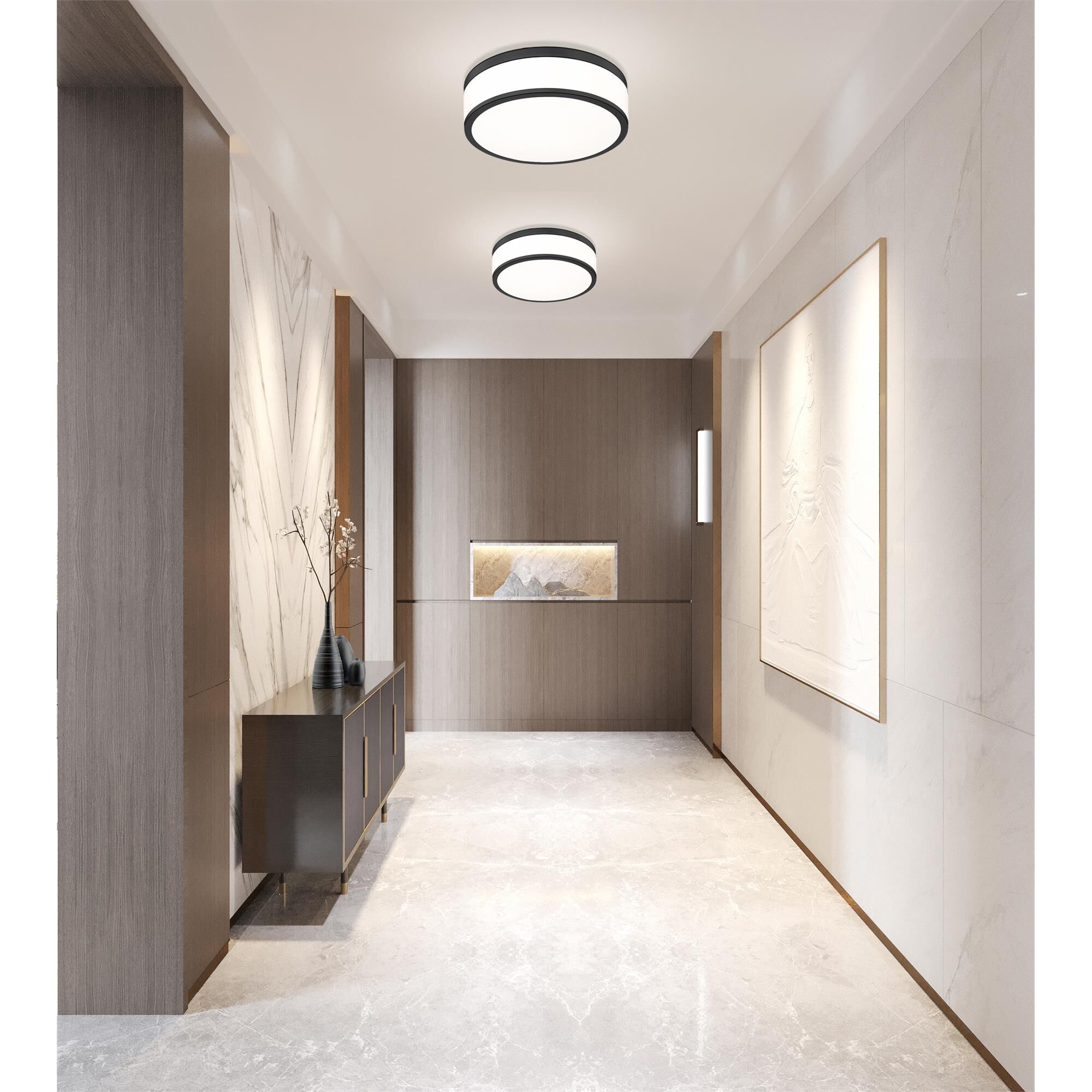 Shown in Matte Black finish and Frosted glass and Frosted shade