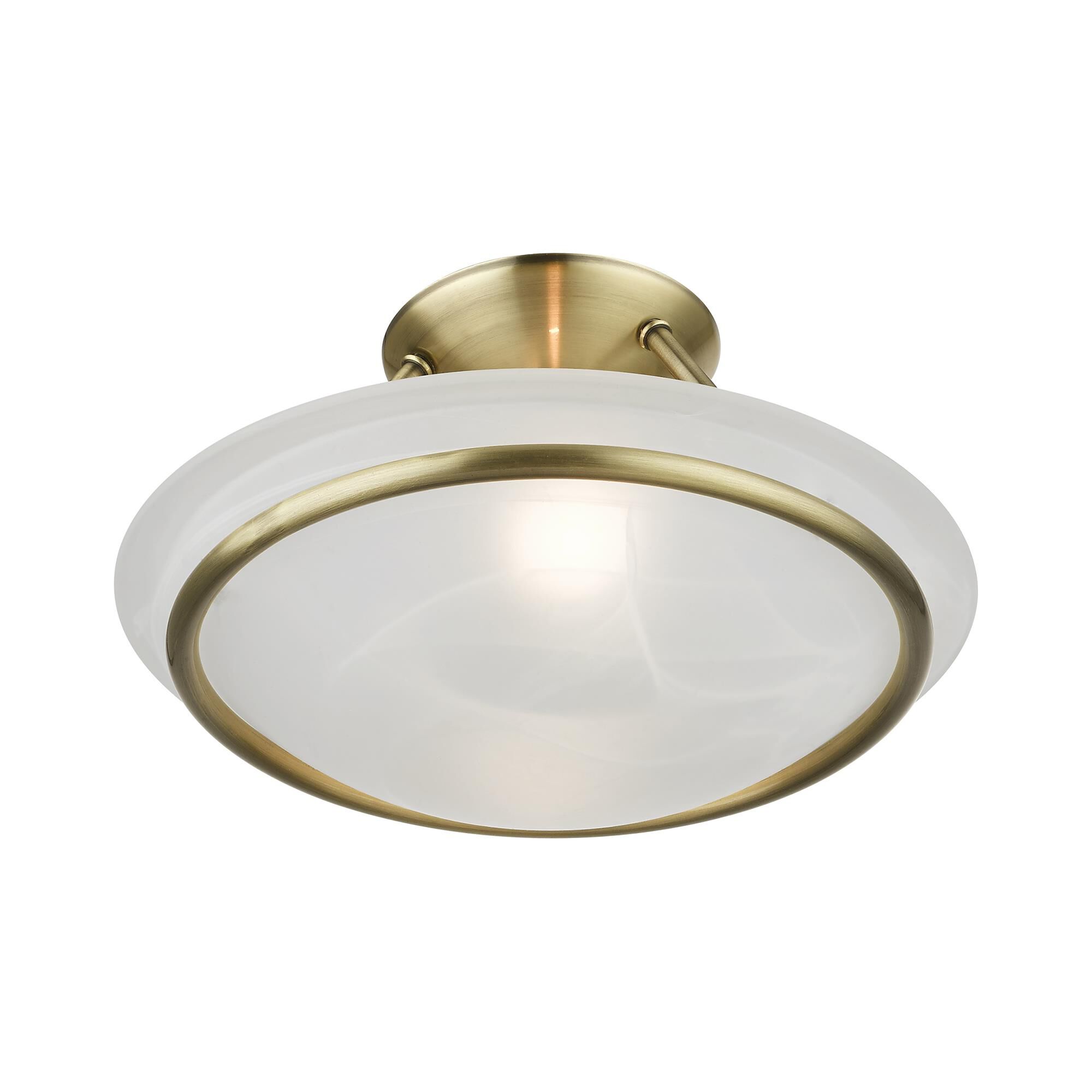 Shown in Antique Brass finish and White Alabaster glass and White Alabaster Glass shade