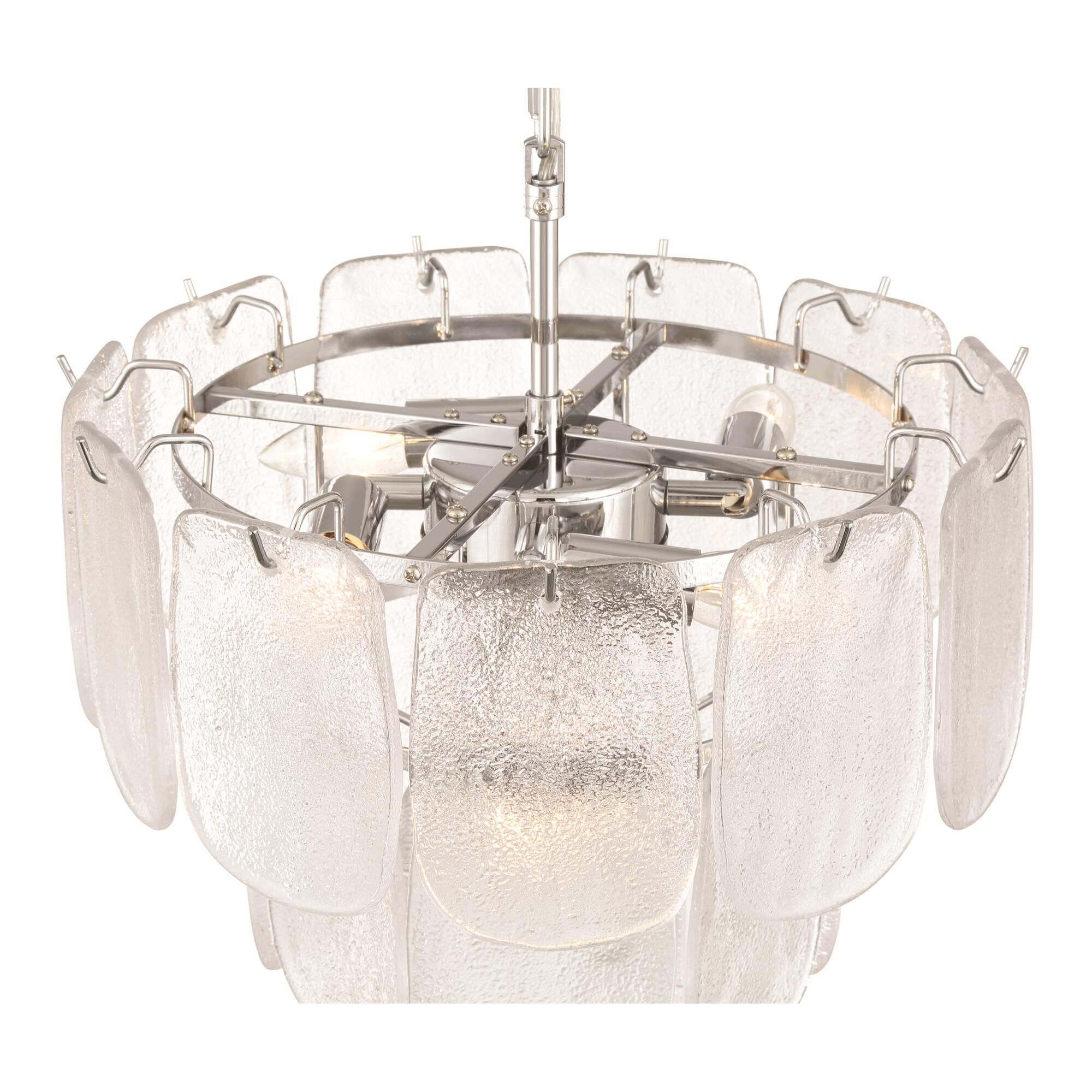 Shown in Polished Nickel and Crystalline finish and Piastra glass
