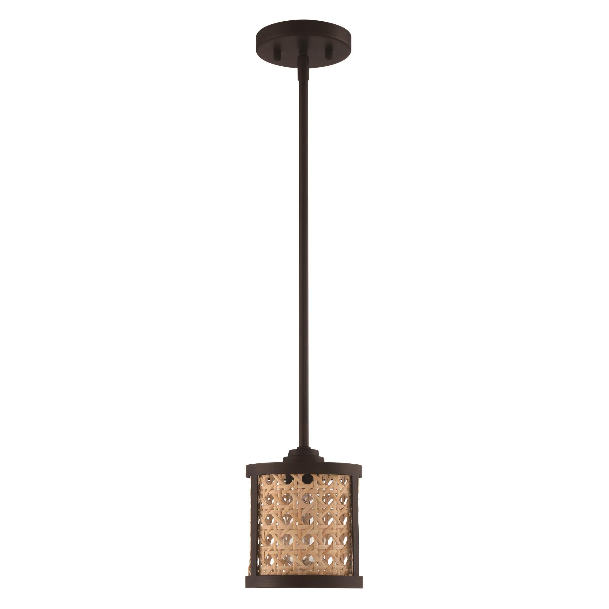 Shown in Aged Bronze Brushed finish and Natural glass and Rattan shade