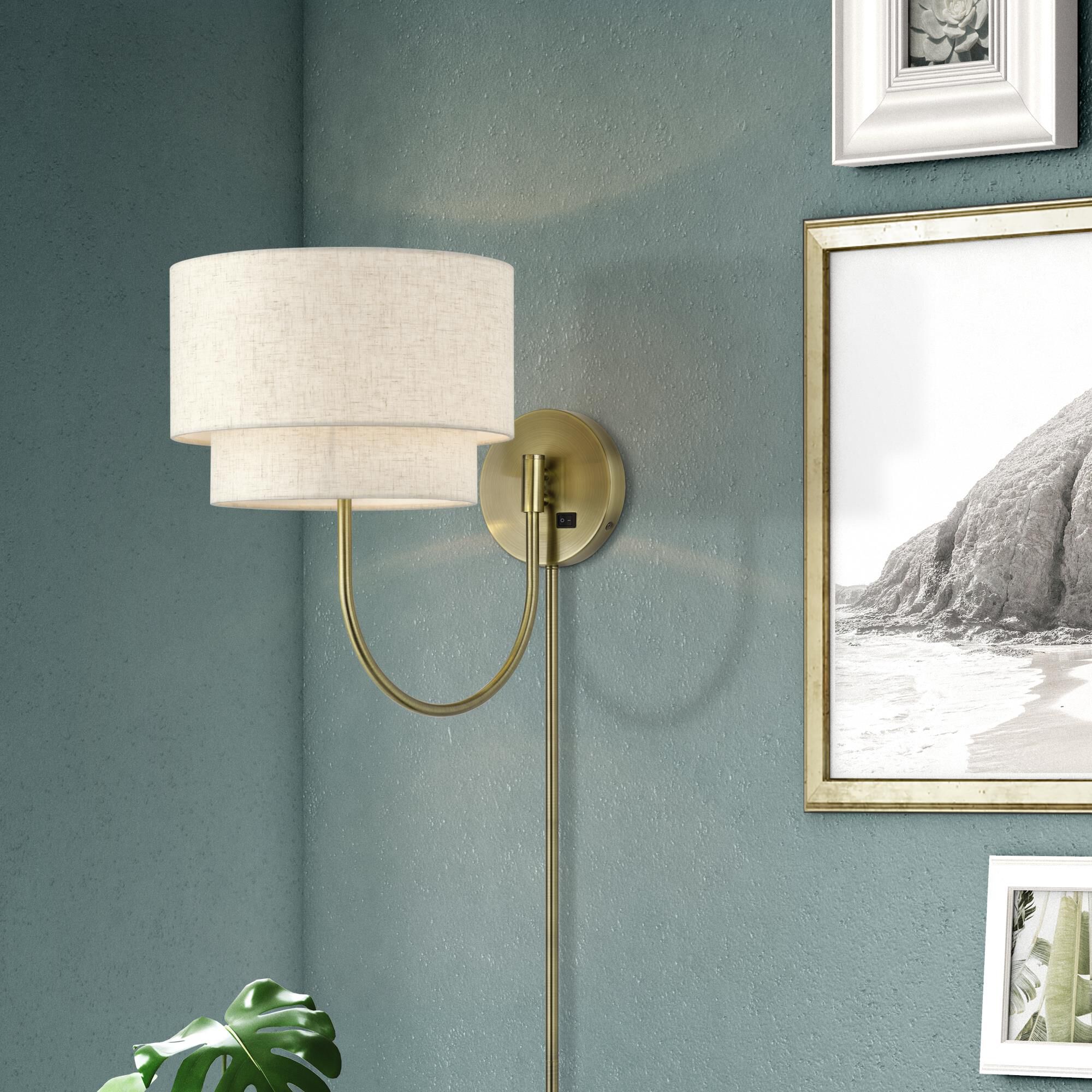 Shown in Antique Brass finish and Hand Crafted Oatmeal Color Fabric with White Color Inside shade