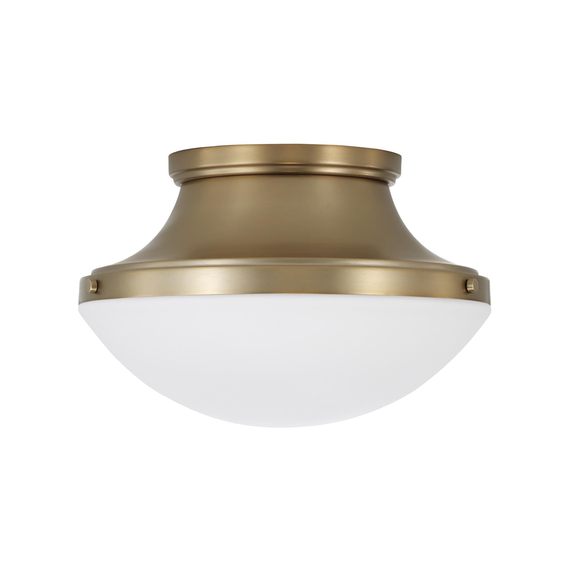Shown in Aged Brass finish and Soft White glass