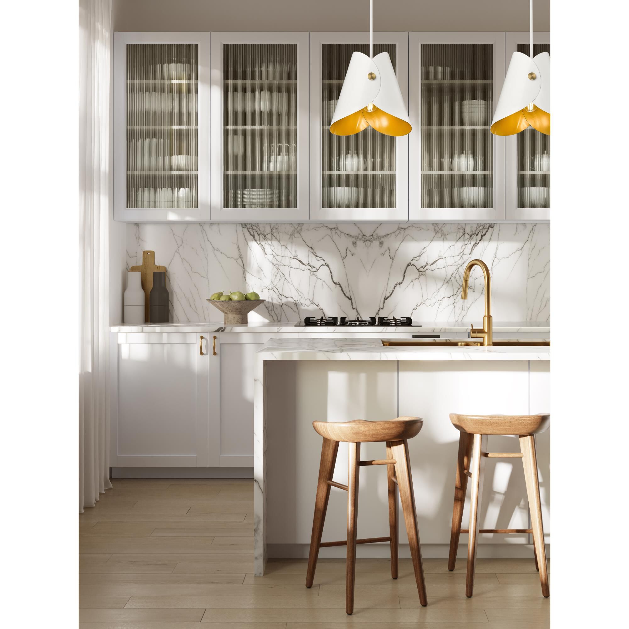 Shown in Matte White finish and Matte White Outer And Gold Inner glass and Matte White Outer And Gold Inner shade