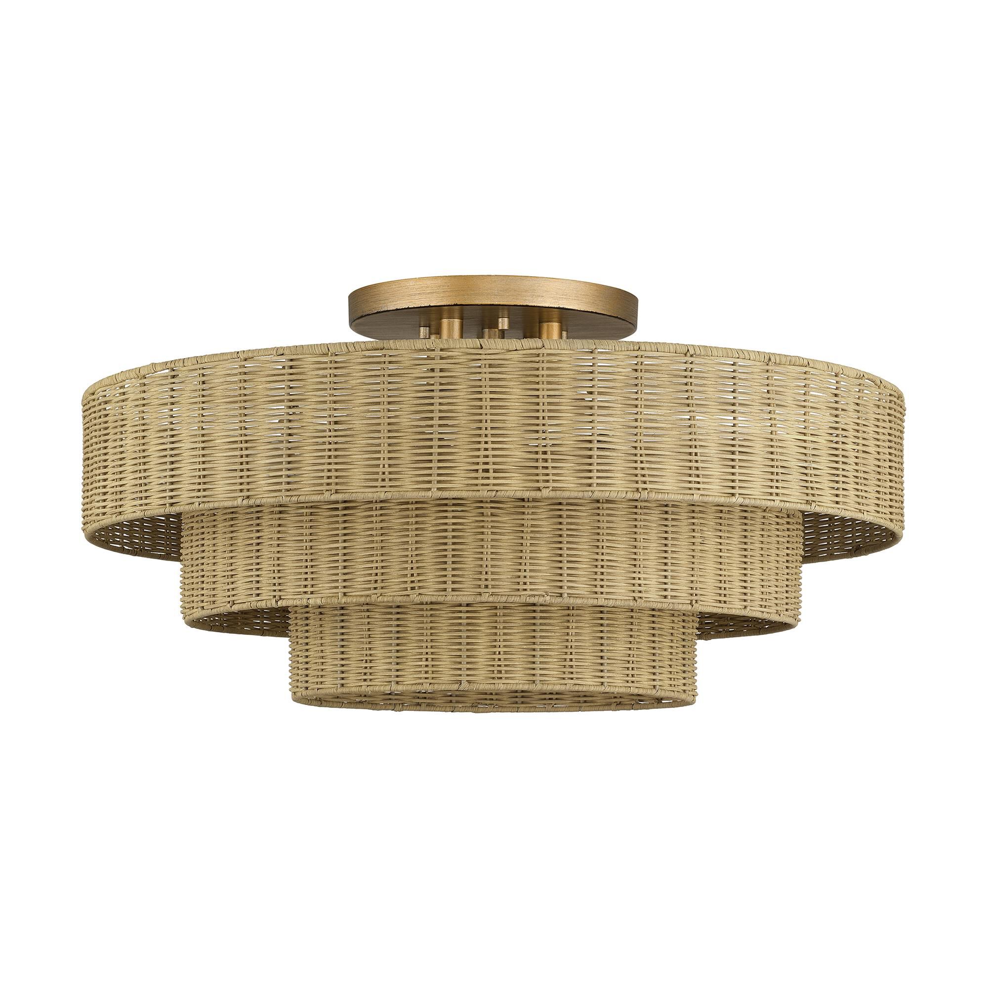 Shown in Antique Gold Leaf finish and Hand-Woven Rustic Walnut Color Rattan shade