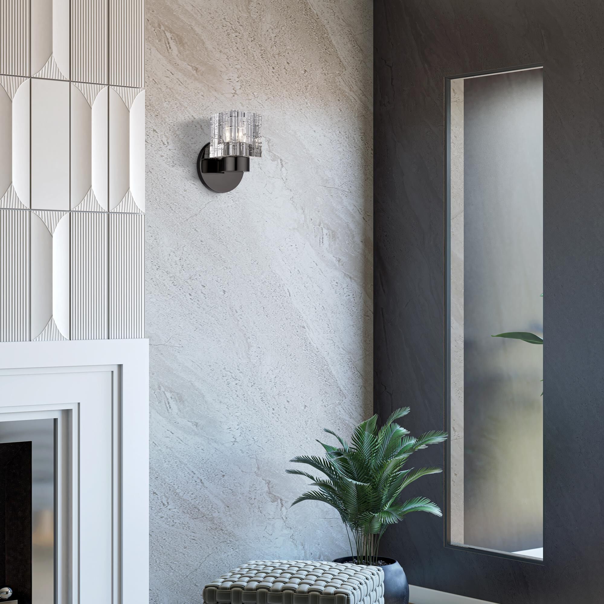 Shown in Black Chrome finish and Crystal glass