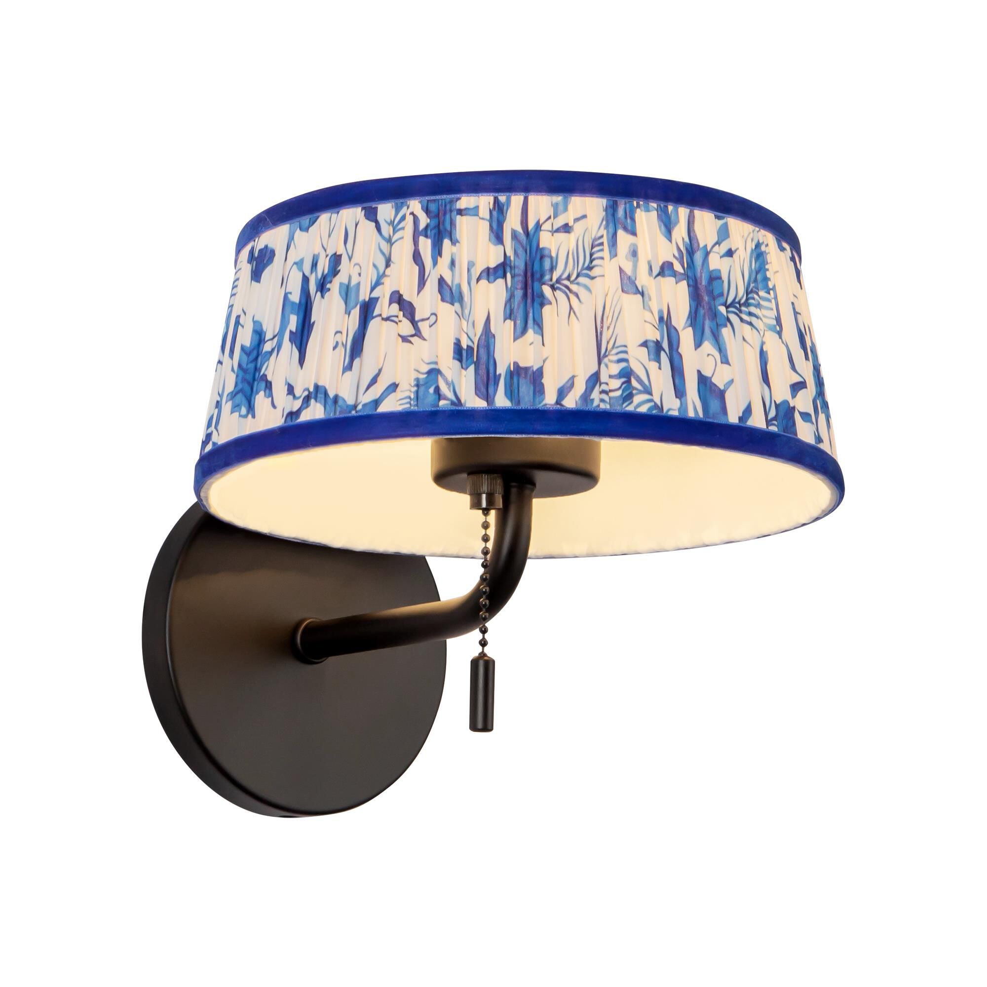 Shown in Matte Black finish and Blue Linen shade