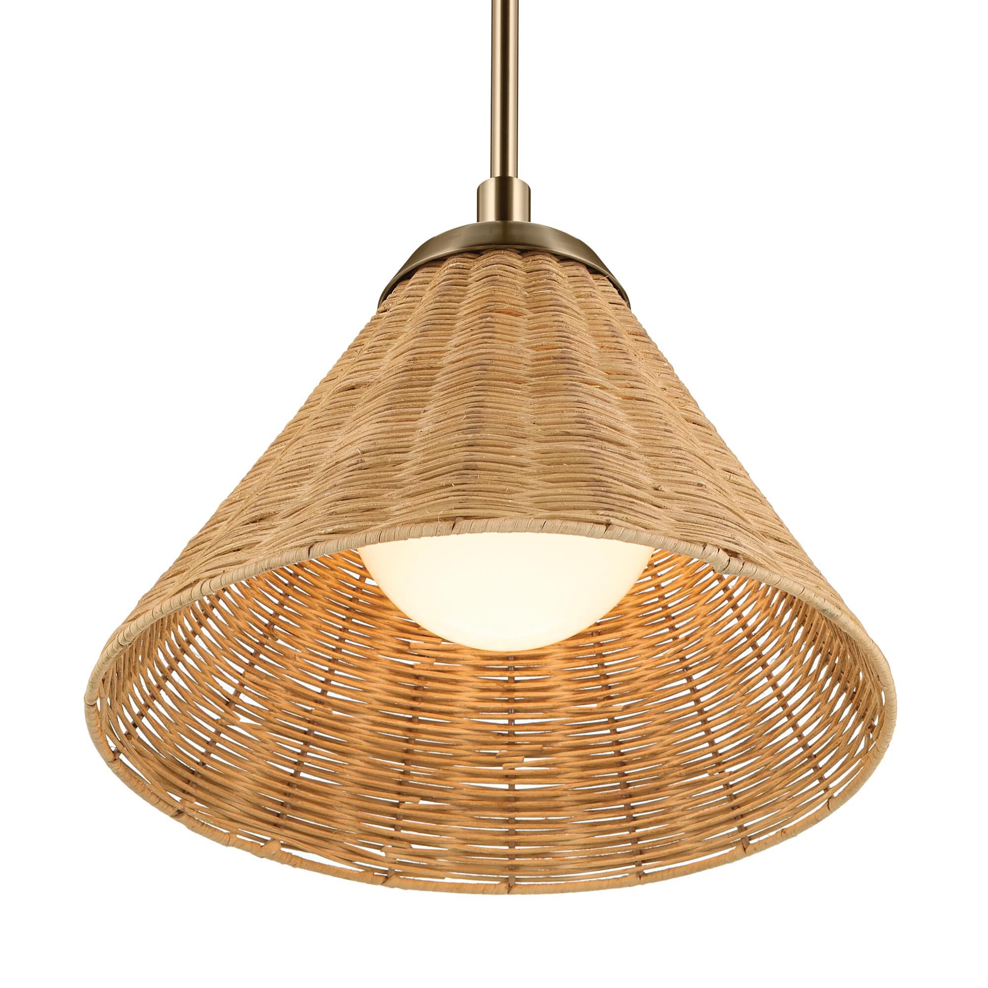Shown in Champagne Bronze finish and Opal glass and Rattan Textured shade