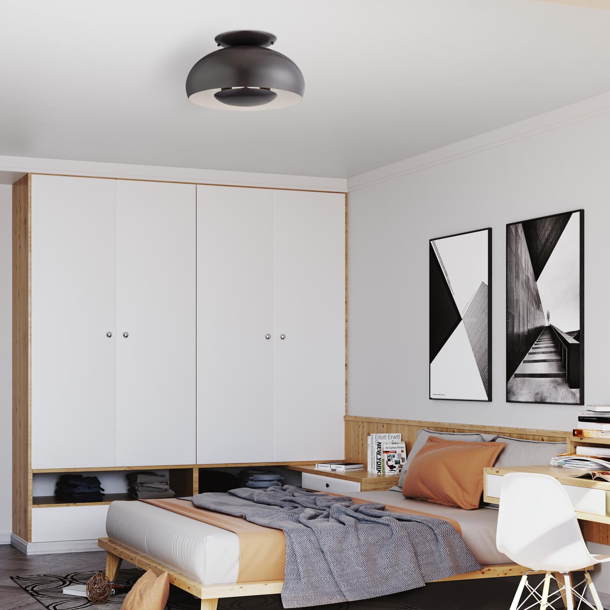 Shown in English Bronze finish and English Bronze Steel with Shiny White Inside shade