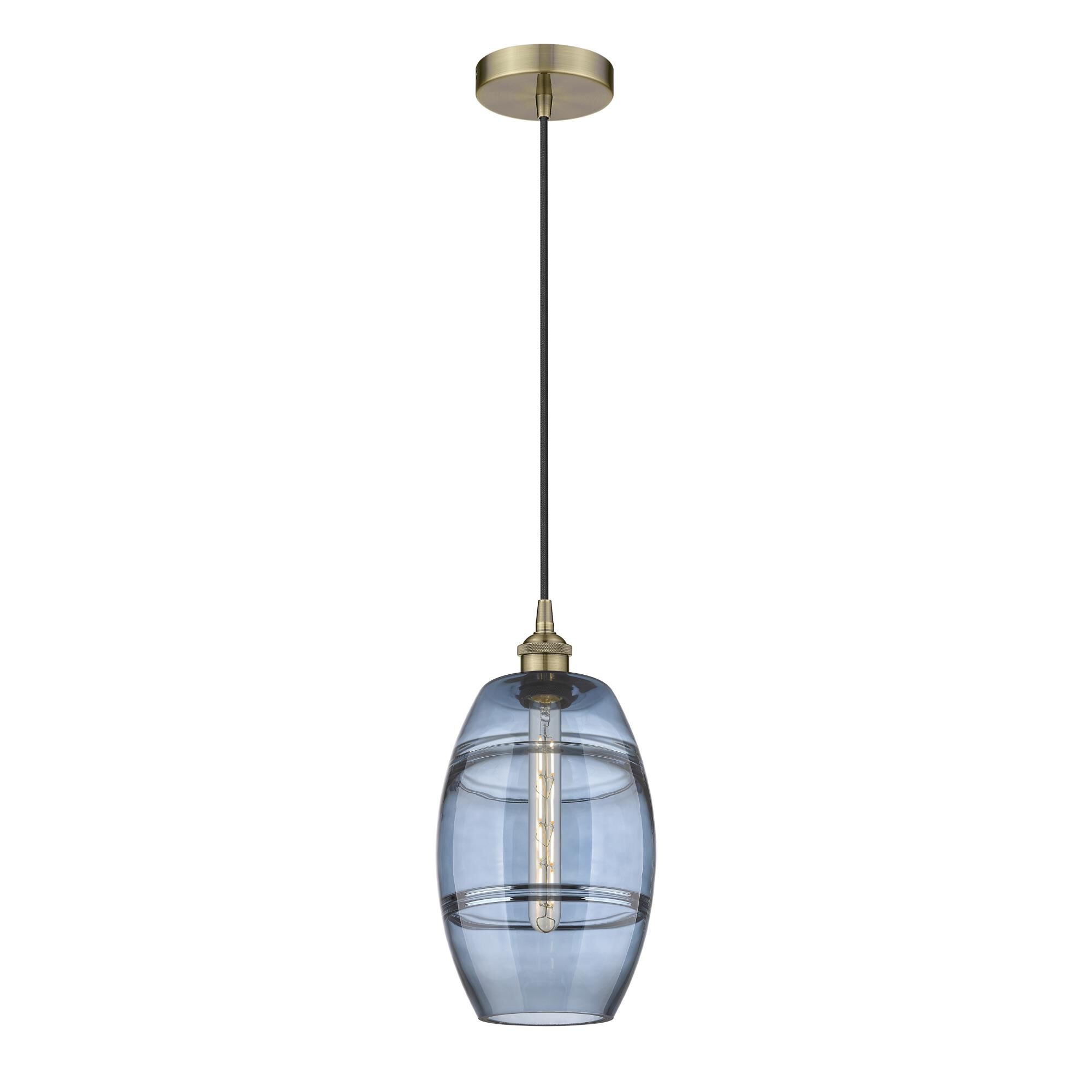 Shown in Antique Brass finish and Princess Blue glass