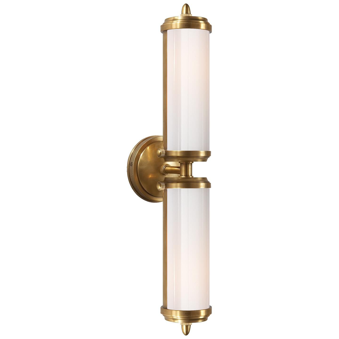 Shown in Hand-Rubbed Antique Brass finish and White glass