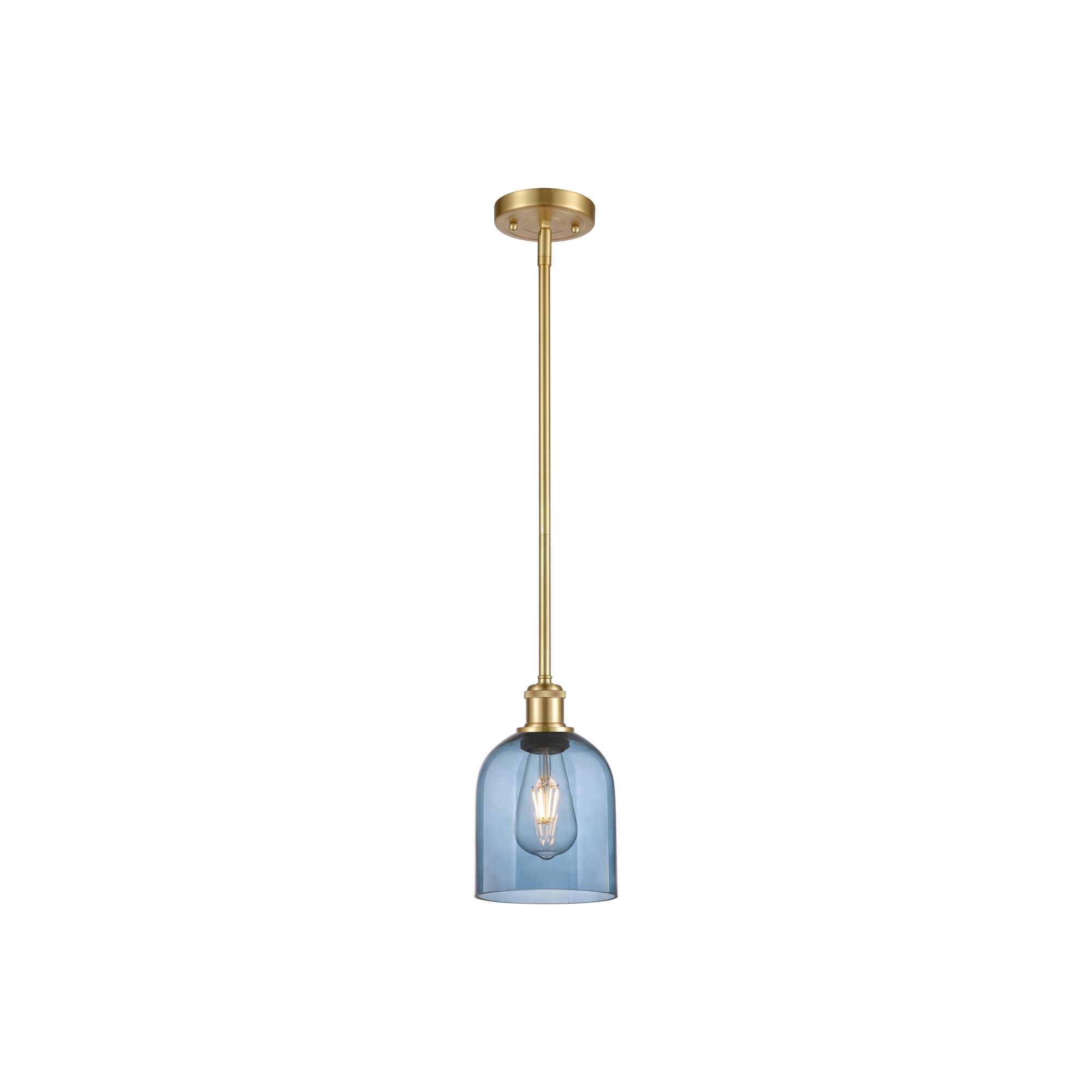 Shown in Satin Gold finish and Princess Blue glass