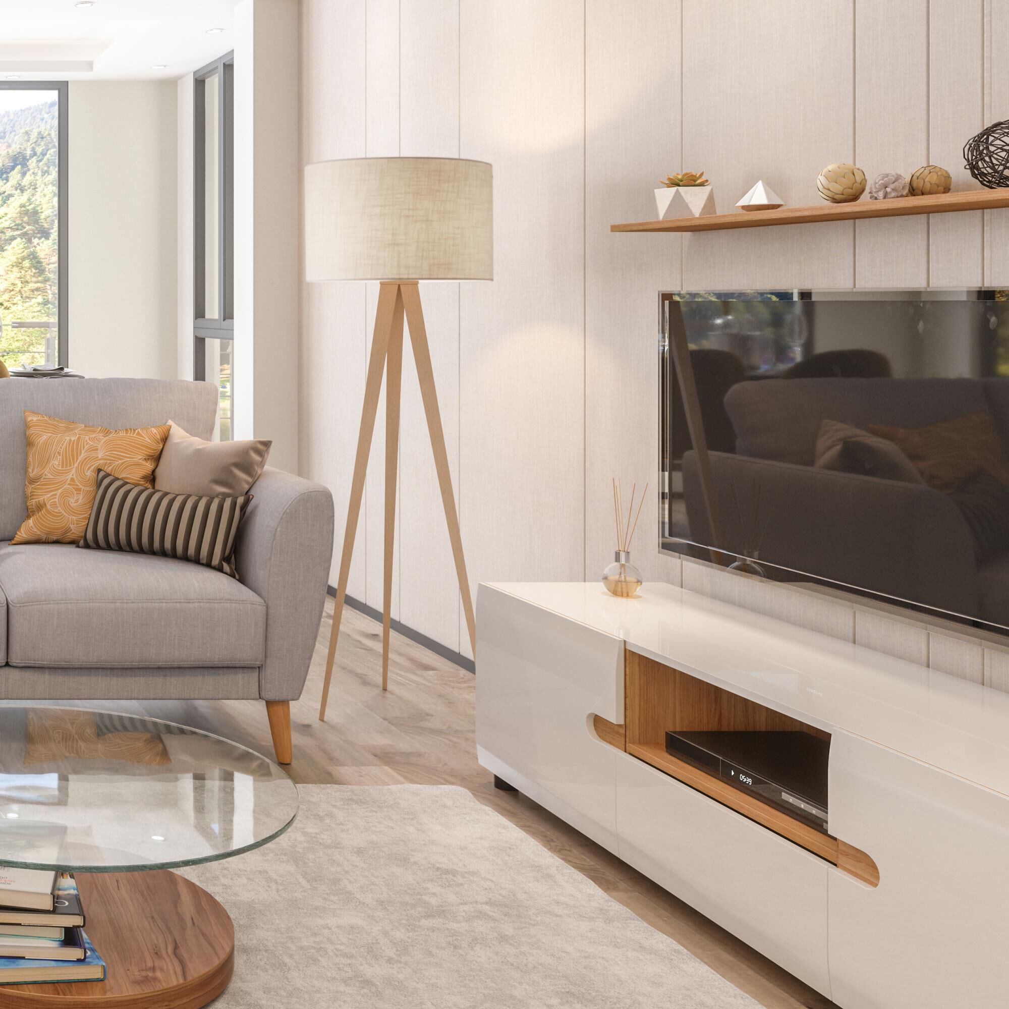 Shown in Natural Oak Veneer finish and Off-White Textured Linen shade